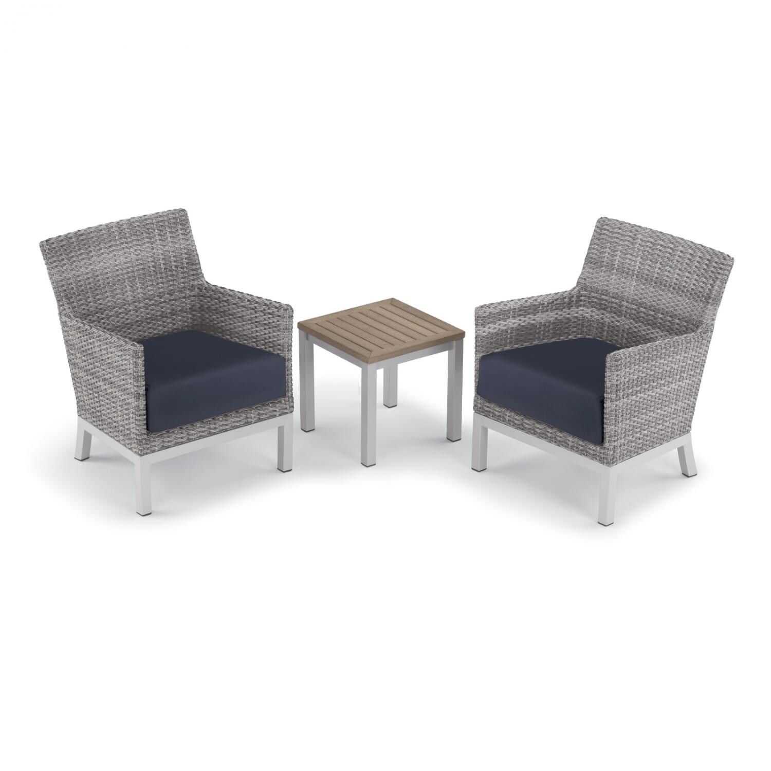 Argento 3 Piece Wicker Patio Conversation Set W/ Tekwood Vintage End Table and Midnight Blue Cushions By Oxford Garden - Mycitystee