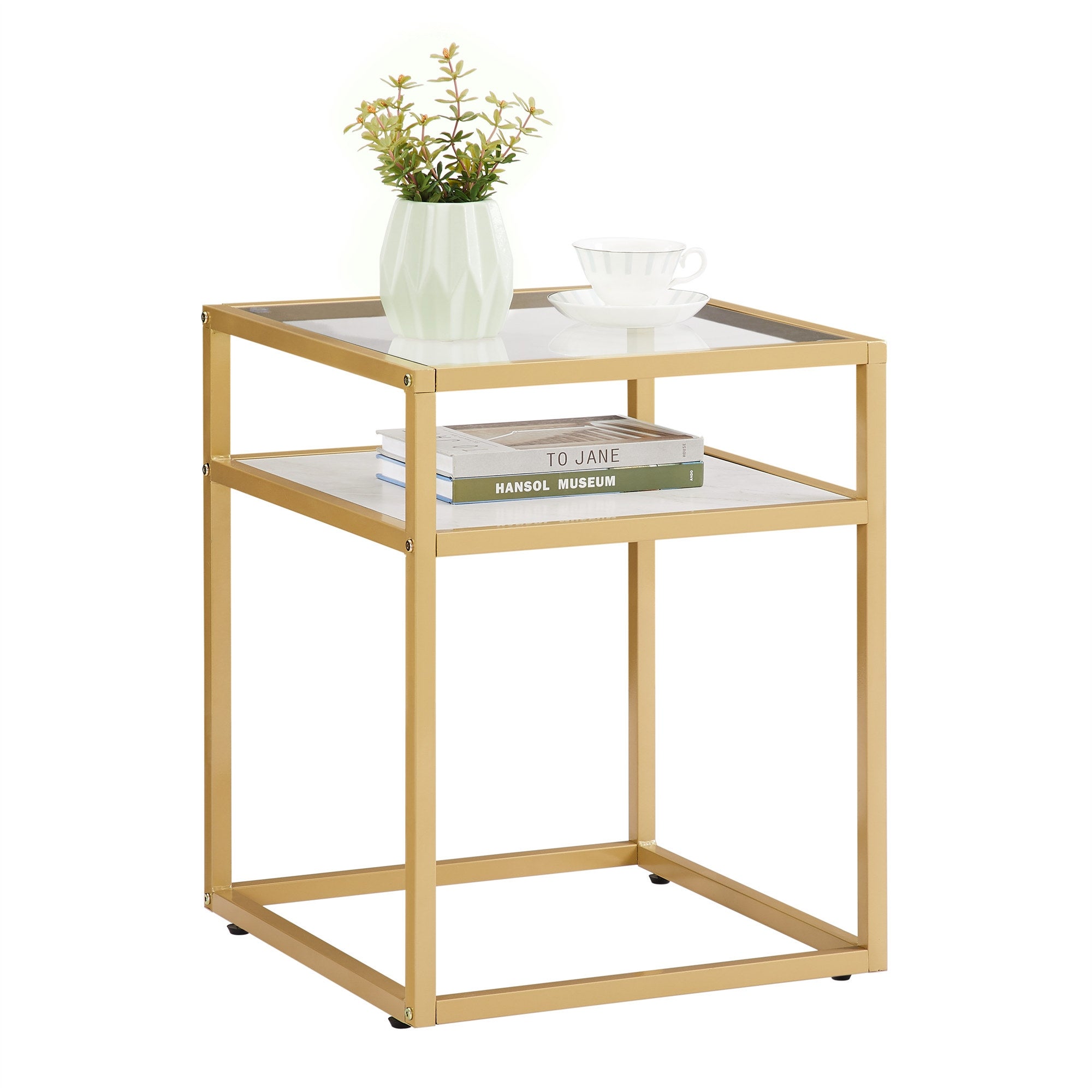 Side Table with Tempered Glass Top Nightstand with Shelf 2-Tier End Table Small Coffee Accent Table Bedside Table - Mycitystee