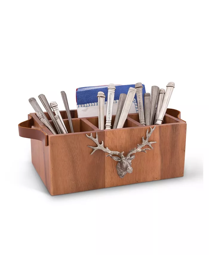 Vagabond House Caddy Rectangle Acacia Wood Flatware， Serve Ware， Utensil， Carry-All Holder with Solid Pewter Rustic Elk Head Accent and Real Leather H - Mycitystee