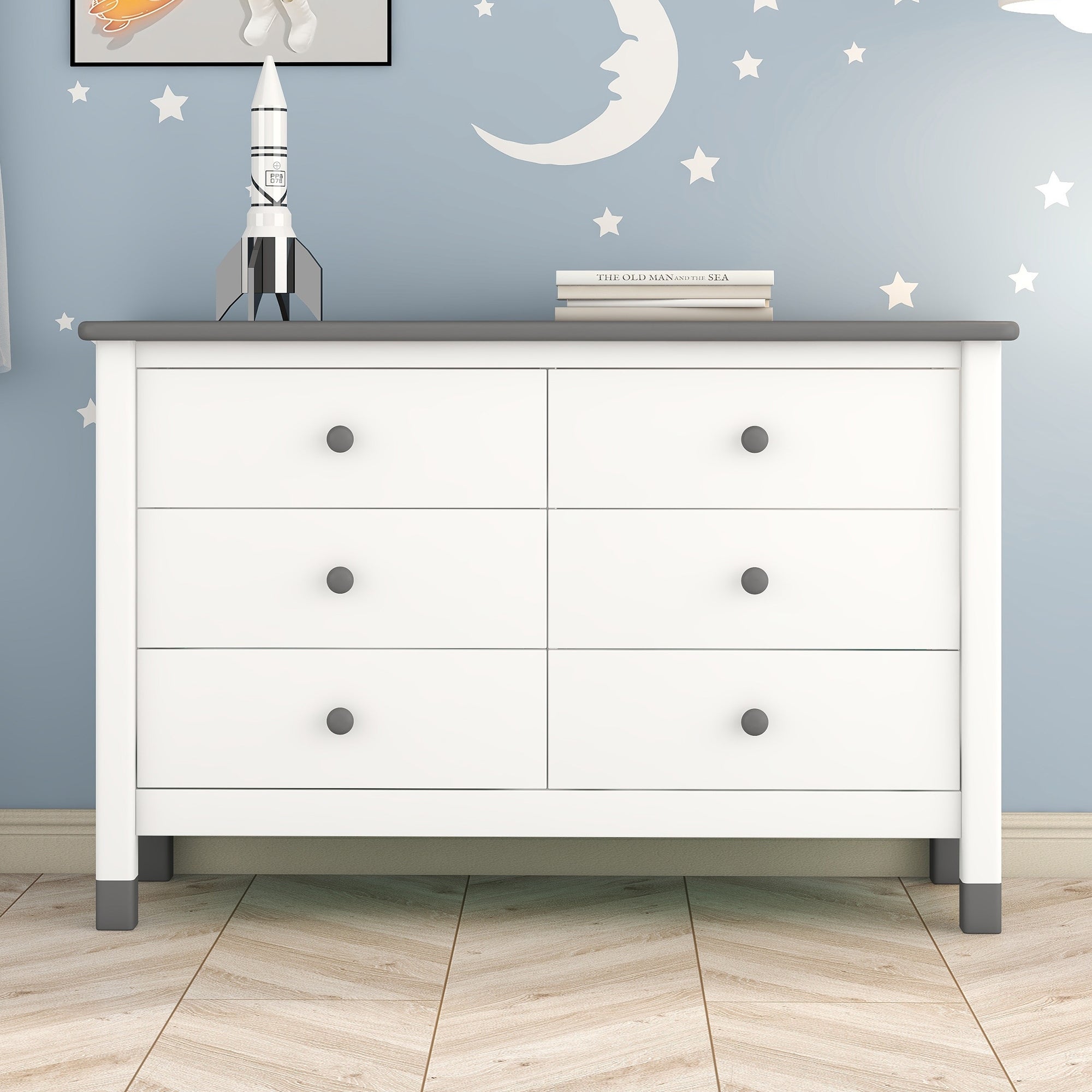 Wooden Storage Dresser with 6 Drawers，Storage Cabinet for kids Bedroom - - 37842311 - Mycitystee