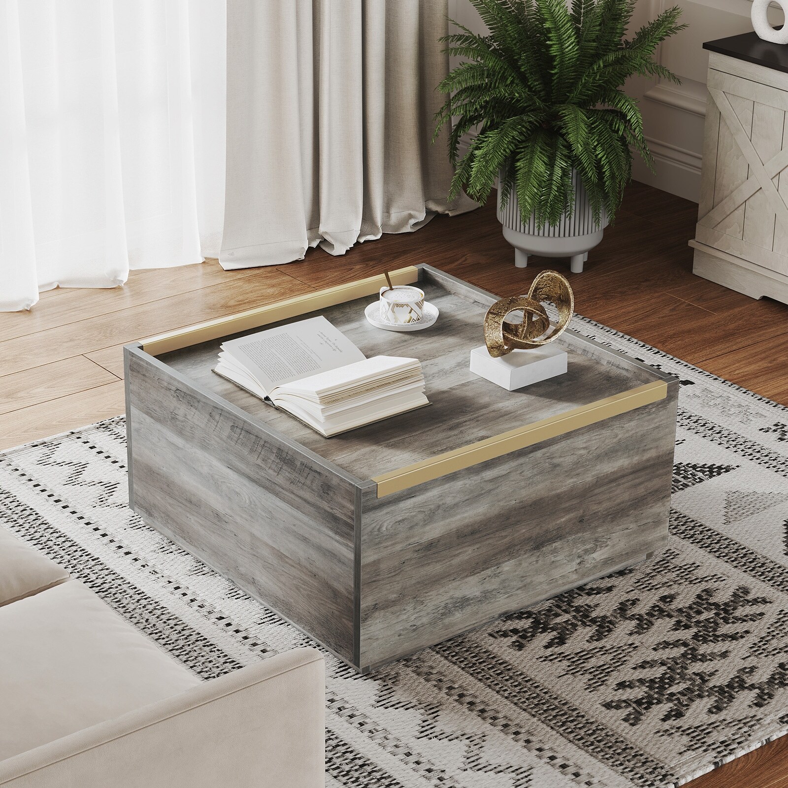 Farmhouse Wood Square Coffee Table with Hidden Storage Gold Metal Handle Grey - Mycitystee