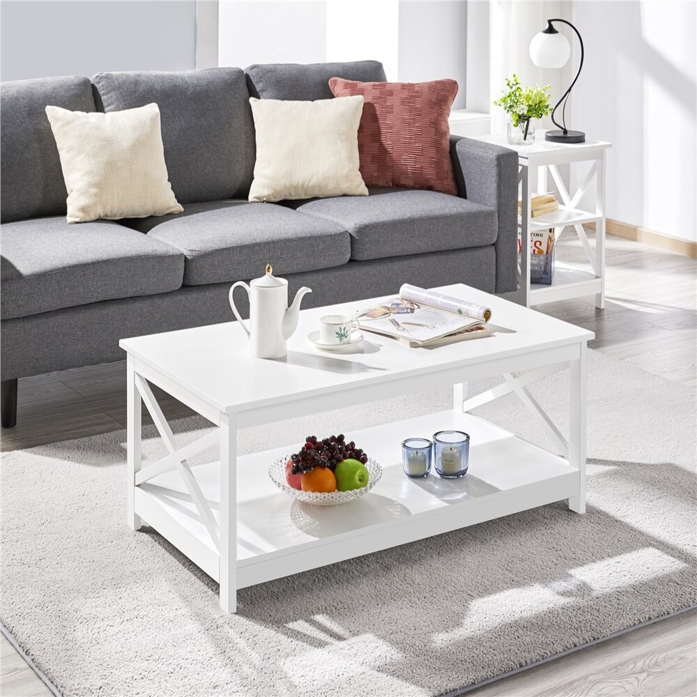 Modern Wood X-Design Rectangle Coffee Table with Storage Shelf， White - Mycitystee
