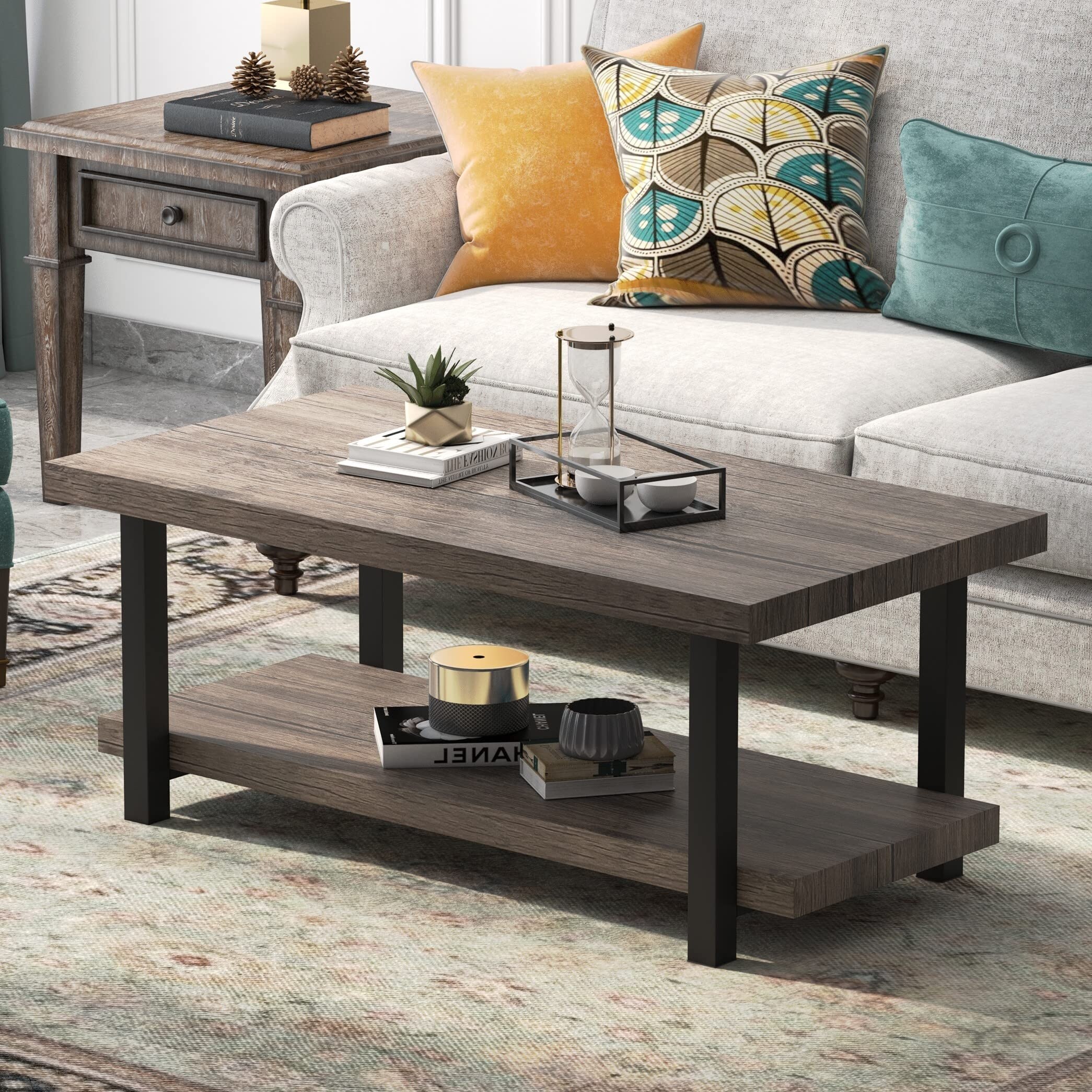 Coffee Table Rustic Vintage Industrial Design Sturdy Metal Frame Legs Sofa Table Cocktail Table with Storage Bottom Open Shelf - Mycitystee