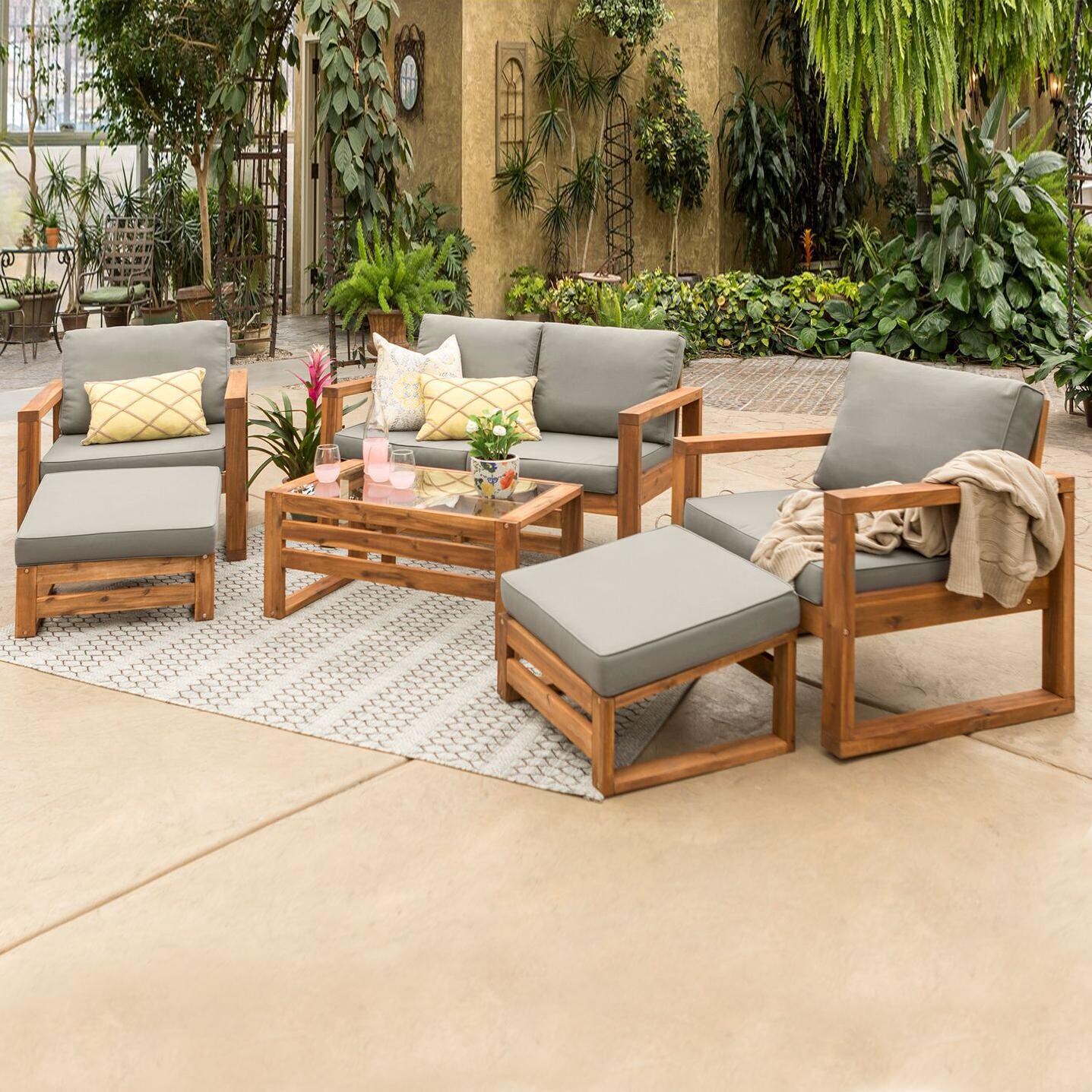 Ultimate Patio Window Bay 6 Piece Acacia Patio Conversation Set W/ Gray Cushions - Mycitystee