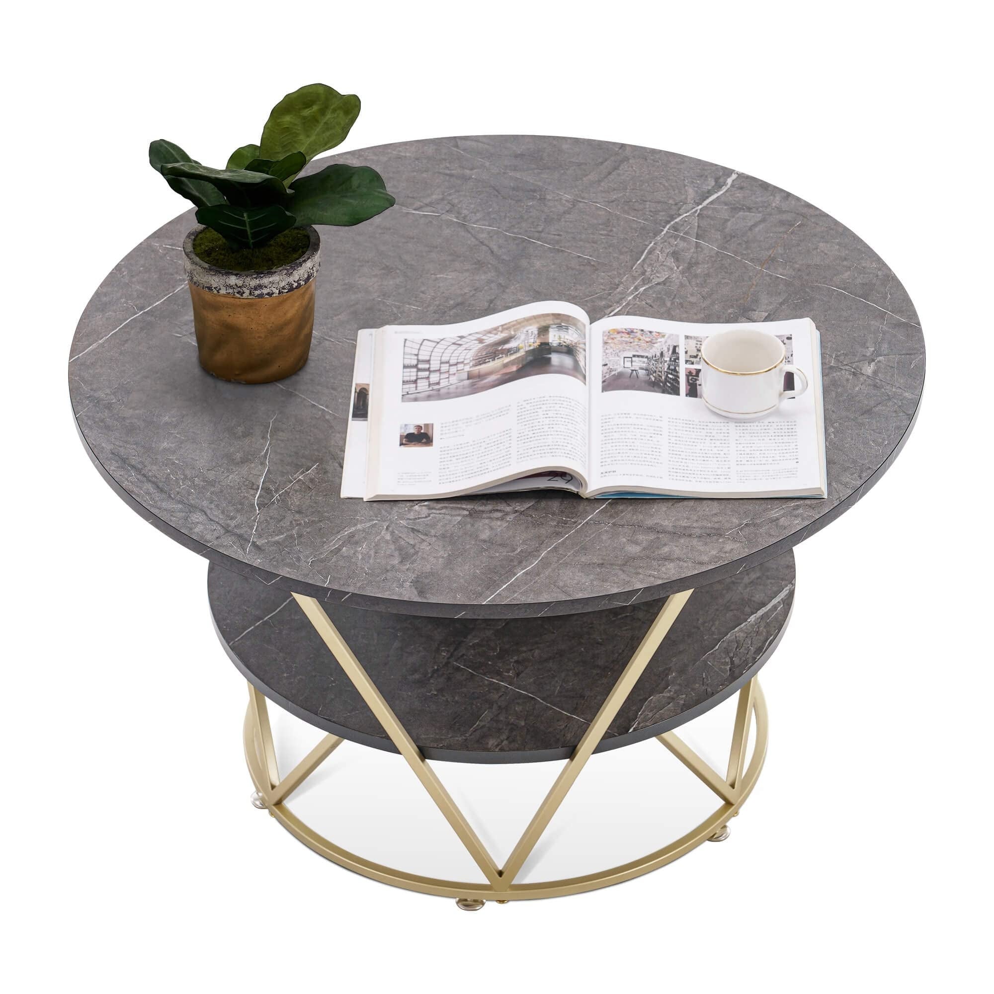 2-Tier Round Coffee Table， 31.5 Inch Modern Coffee Table for Living Room， Faux Marble Accent Table with Metal Frame - as picture - Mycitystee