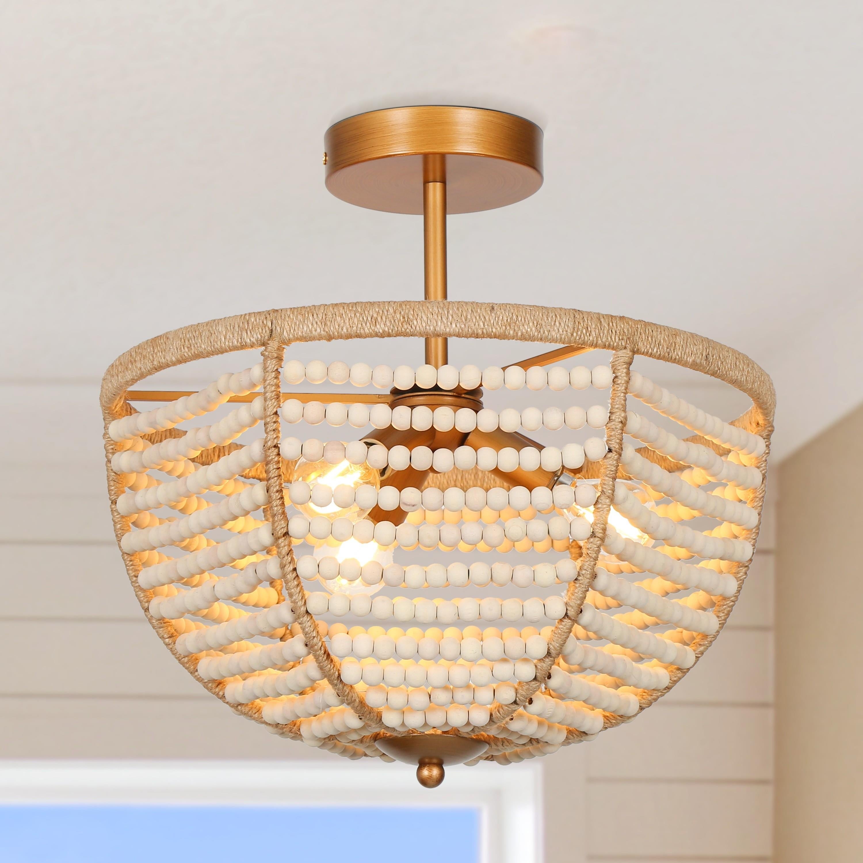 Renia Farmhouse Coastal 3 Lights Semi-flush Mount Lighting Antique Gold Beads Chandelier - D 14'' x H 13.7'' - Mycitystee