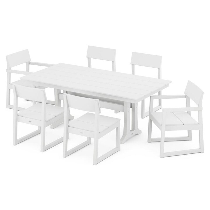 POLYWOOD EDGE 7-Piece Farmhouse Trestle Dining Set in White - Mycitystee