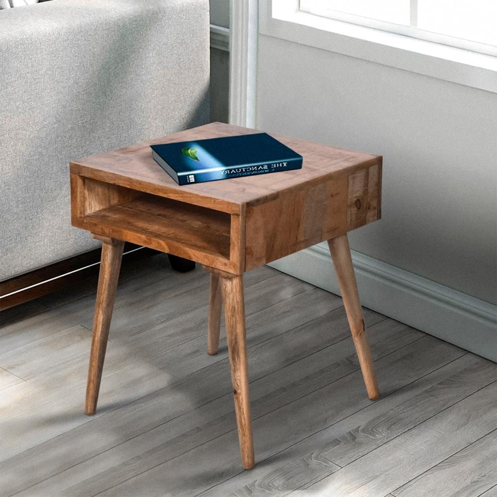24 Inch Farmhouse Wooden Square End Table with Open Compartment， Oak Brown - 20 L X 20 W X 24 H - Mycitystee
