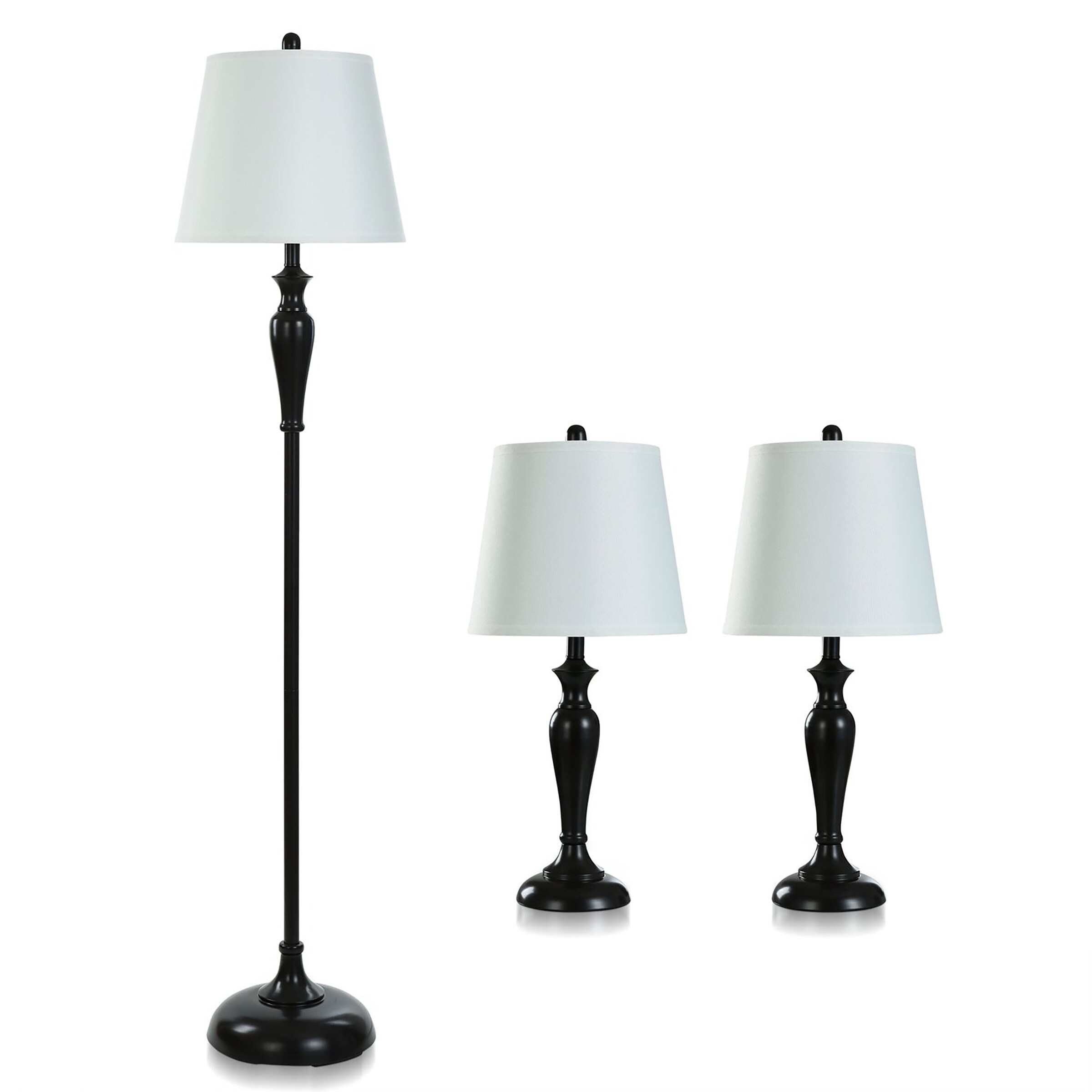 Two Table Lamps and One Floor Lamp with White Hardback Shades - Oiled Bronze - 12