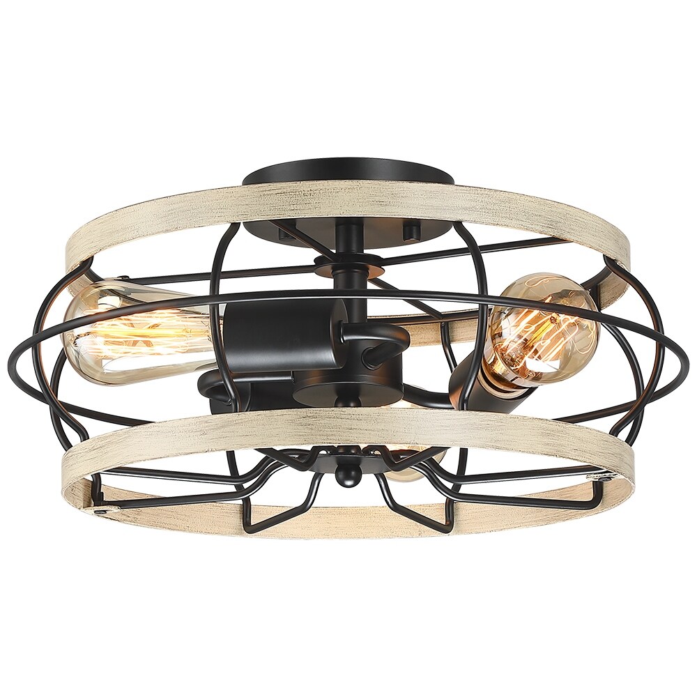 15 in. 3-Light Black and Wood Farmhouse Metal Cage Semi-Flush Mount Ceiling Light - 15