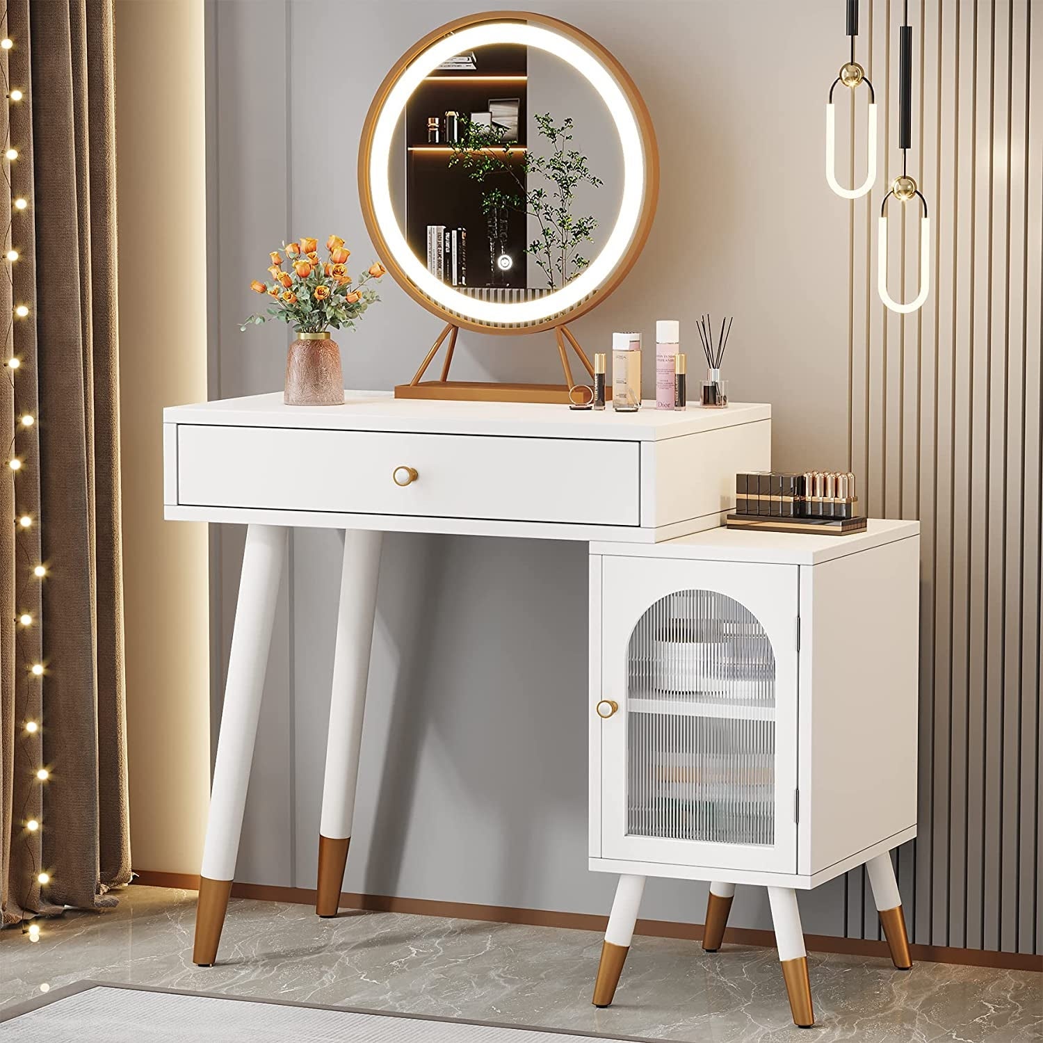 White Vanity with Lighted Mirror， Makeup Dressing Table Set Dresser Desk with Lights - - 36919909 - Mycitystee