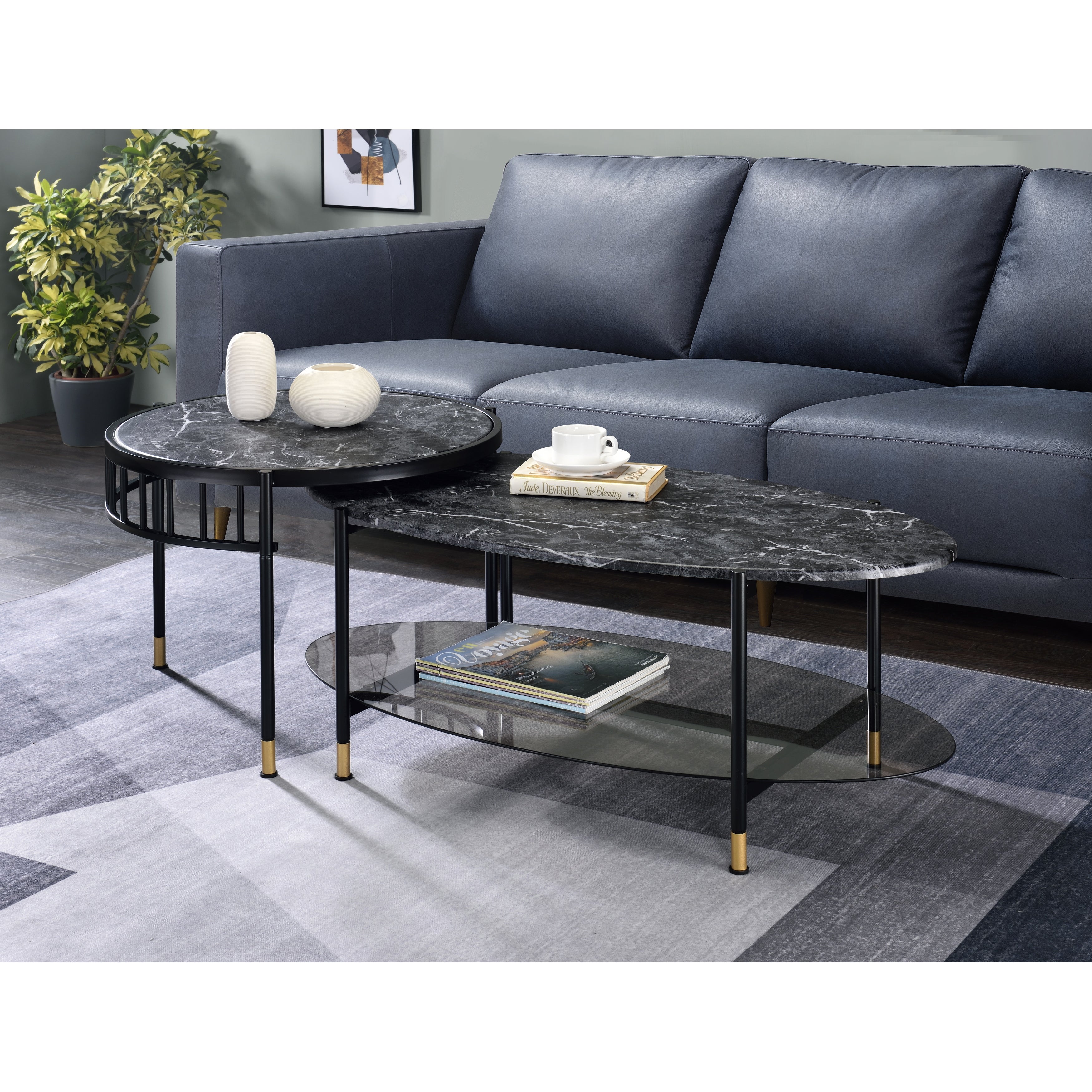 Nesting Coffee Table with 2 Pc Nesting Table Set and Marble Grain Table Top， Center Table with Metal Lags for Living Room， Office - Mycitystee