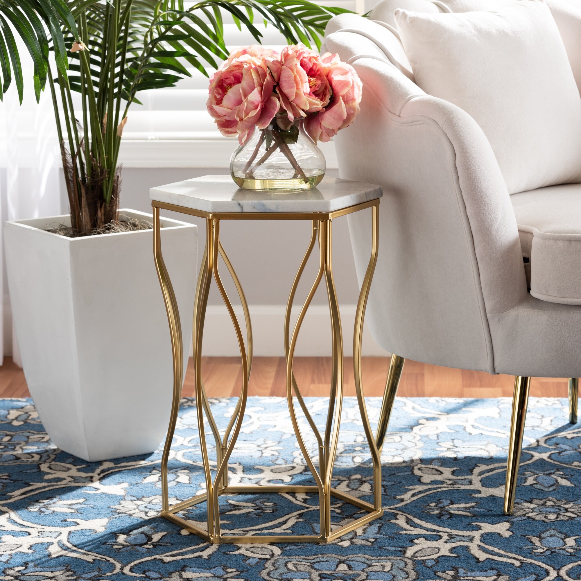 Kalena Modern and Contemporary Metal End Table with Real Marble Top - Mycitystee