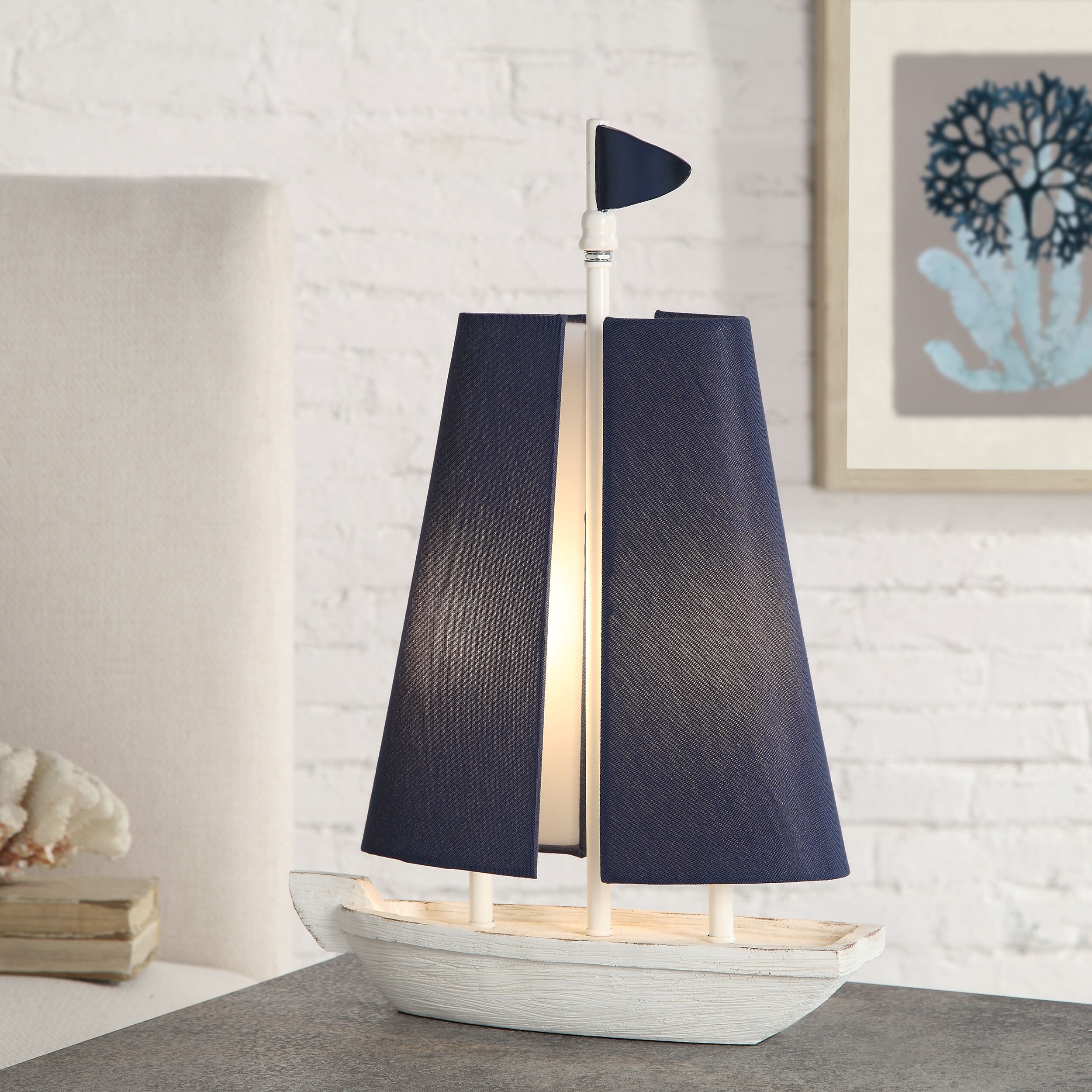 StyleCraft Maritine Moulded Sail Boat Table Lamp with Two U shaped Blue Sail Shades - Mycitystee