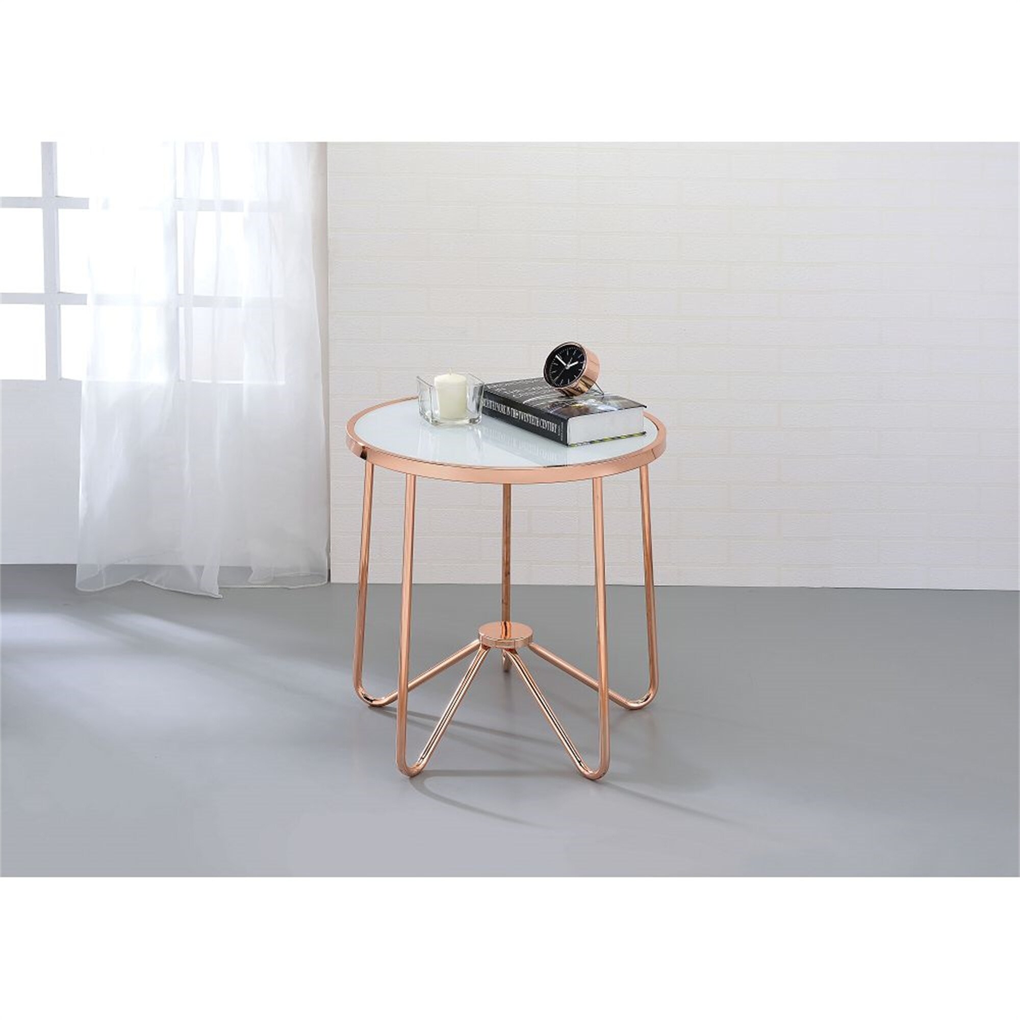 End Table， Coffee Table with White Frosted Glass Top and Metal Base - Mycitystee