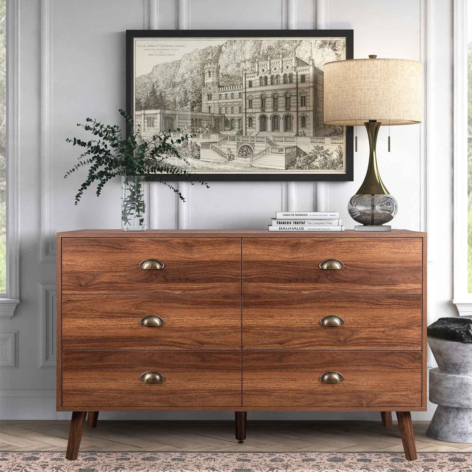 6 Drawer Dresser for Bedroom， Walnut Dresser with Chest of Drawers， Wood Storage Dresser with Wide Drawers - as picture - - 37668804 - Mycitystee