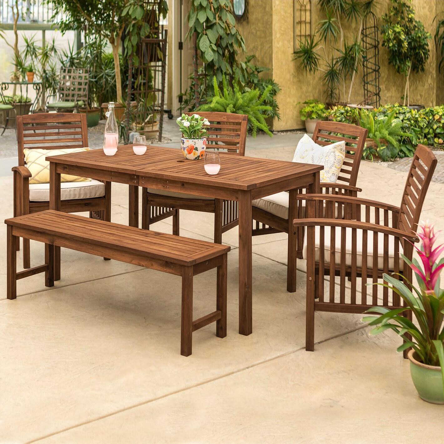 Ultimate Patio Horizon Way 6 Piece Dark Brown Acacia Patio Dining Set W/ 60 X 34 Inch Rectangular Table and Natural Cushions - Mycitystee