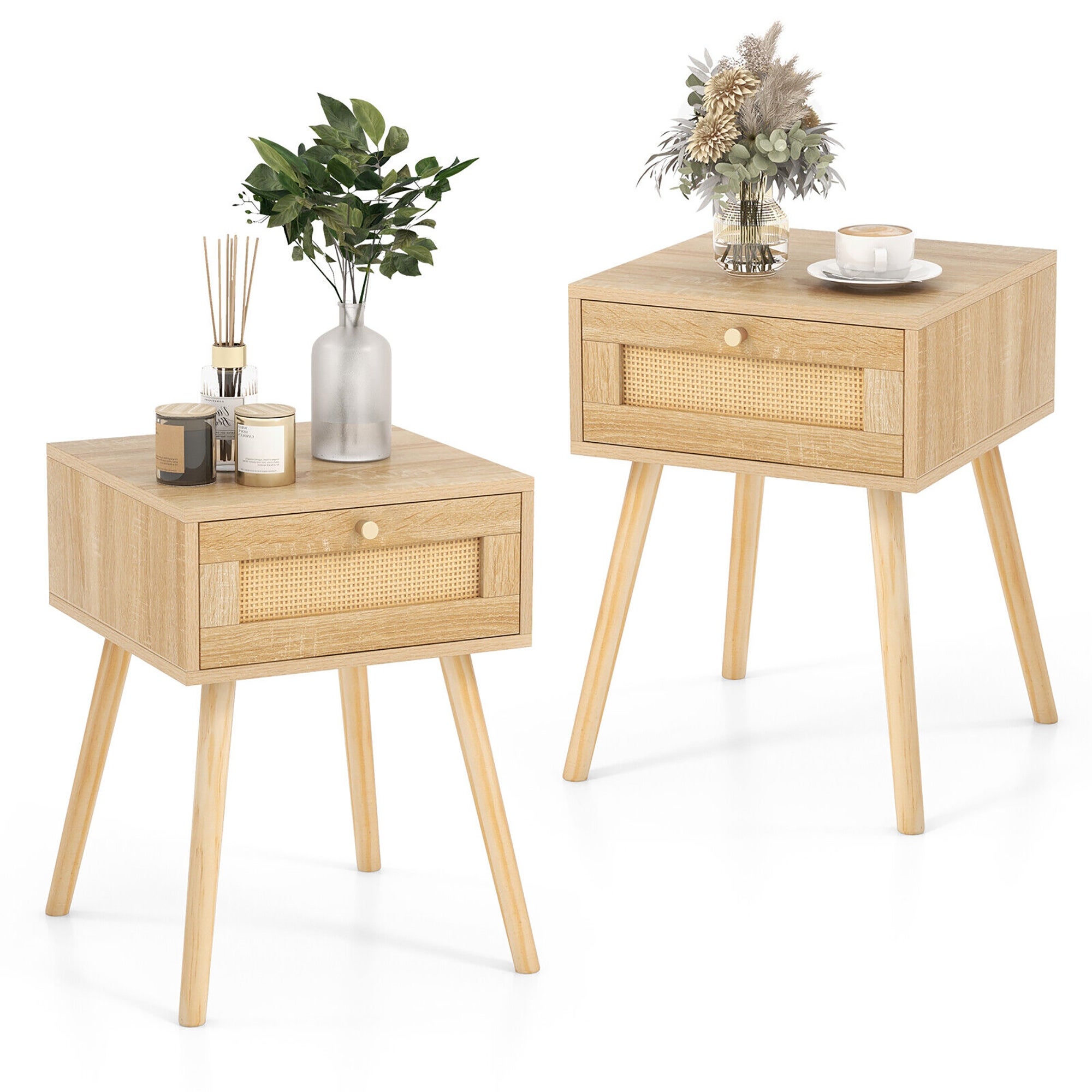 Gymax 2 PCS Nightstand Bedside Sofa Table with Rattan Drawer for - Mycitystee