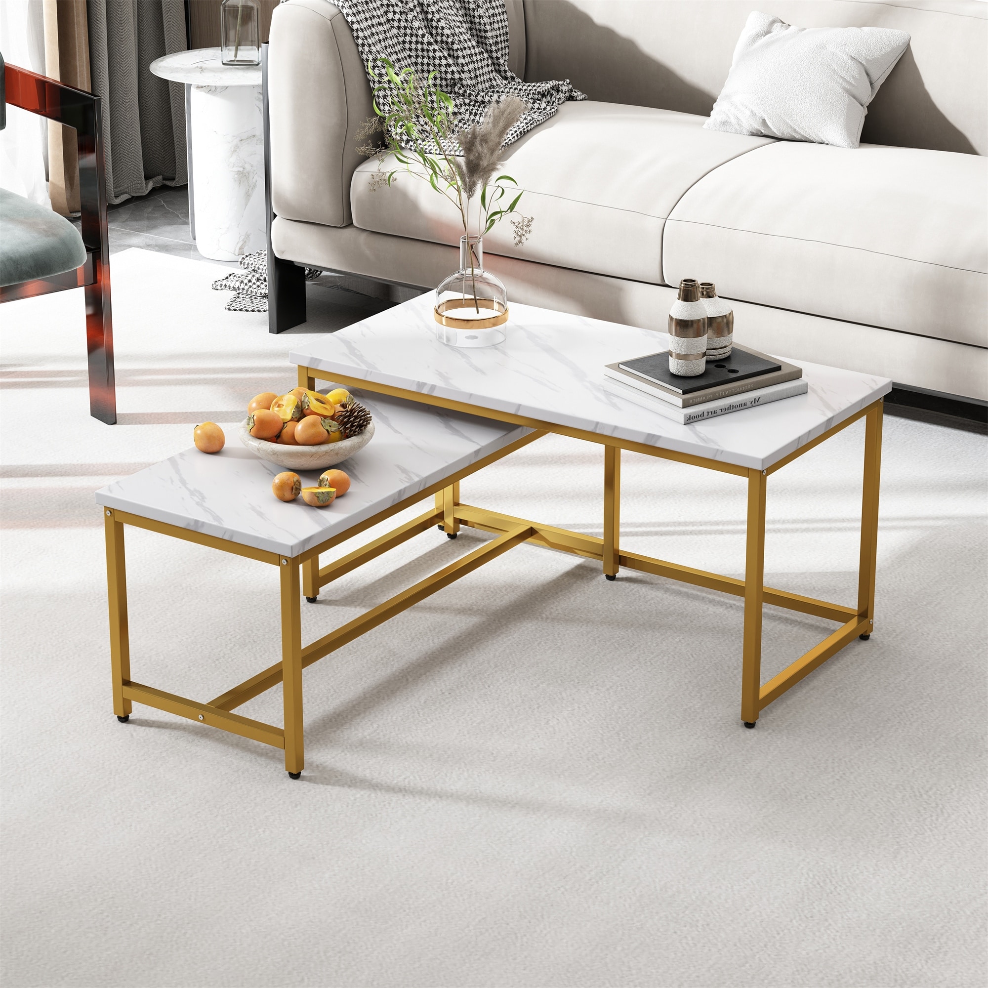 Nesting Coffee Tables Set， 2pc Coffee Table Living Room， Marble White - Mycitystee