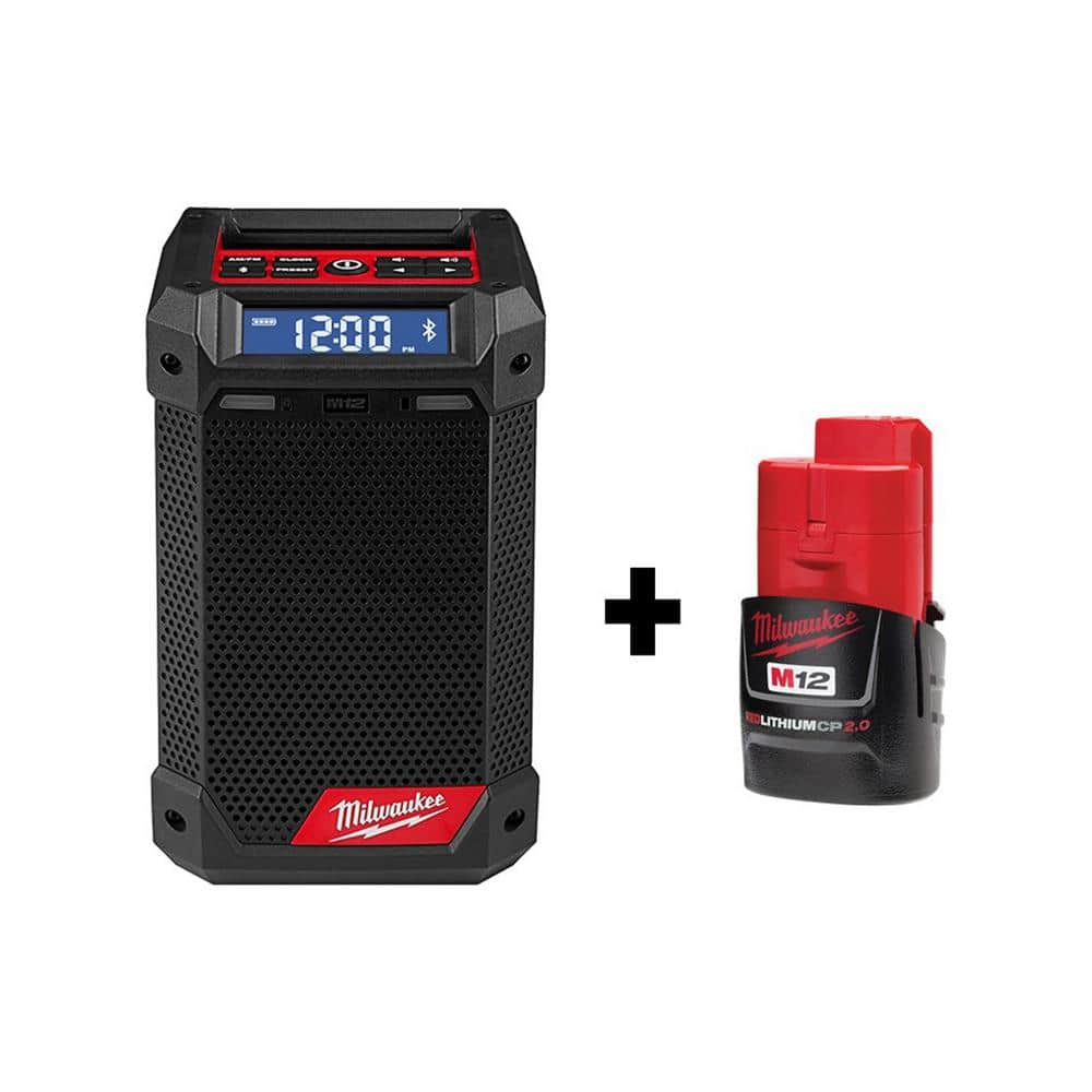 Milwaukee M12 12-Volt Lithium-Ion Cordless Bluetooth/AM/FM Jobsite Radio with Charger with M12 2.0Ah Battery 2951-20-48-11-2420 - Mycitystee