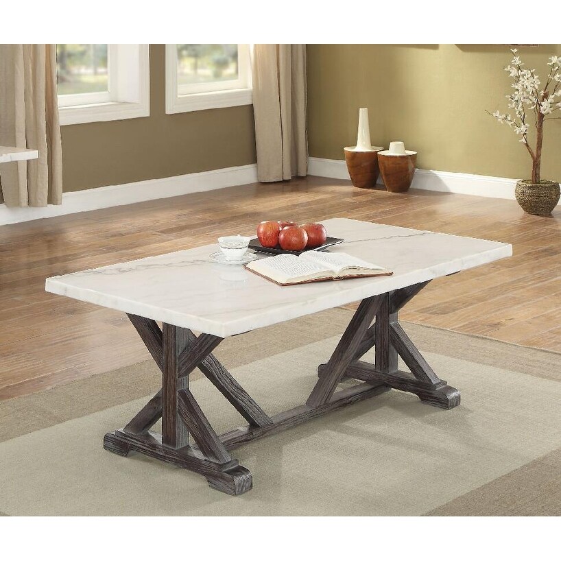 Transitional Style Coffee Table in White Marble and Weathered Espresso - Mycitystee