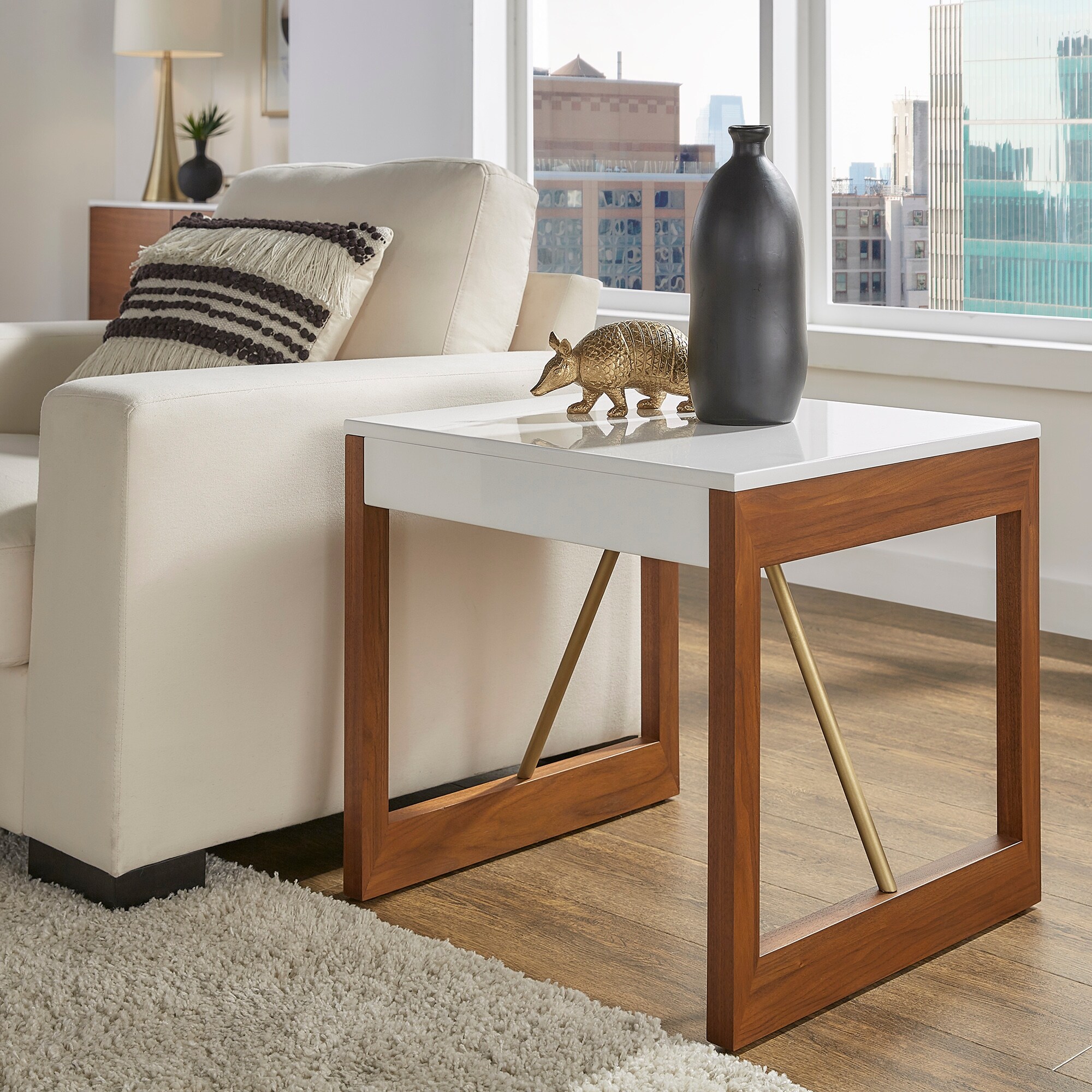 Archer Two-Tone High Gloss White and Walnut End Table by iNSPIRE Q Modern - Mycitystee