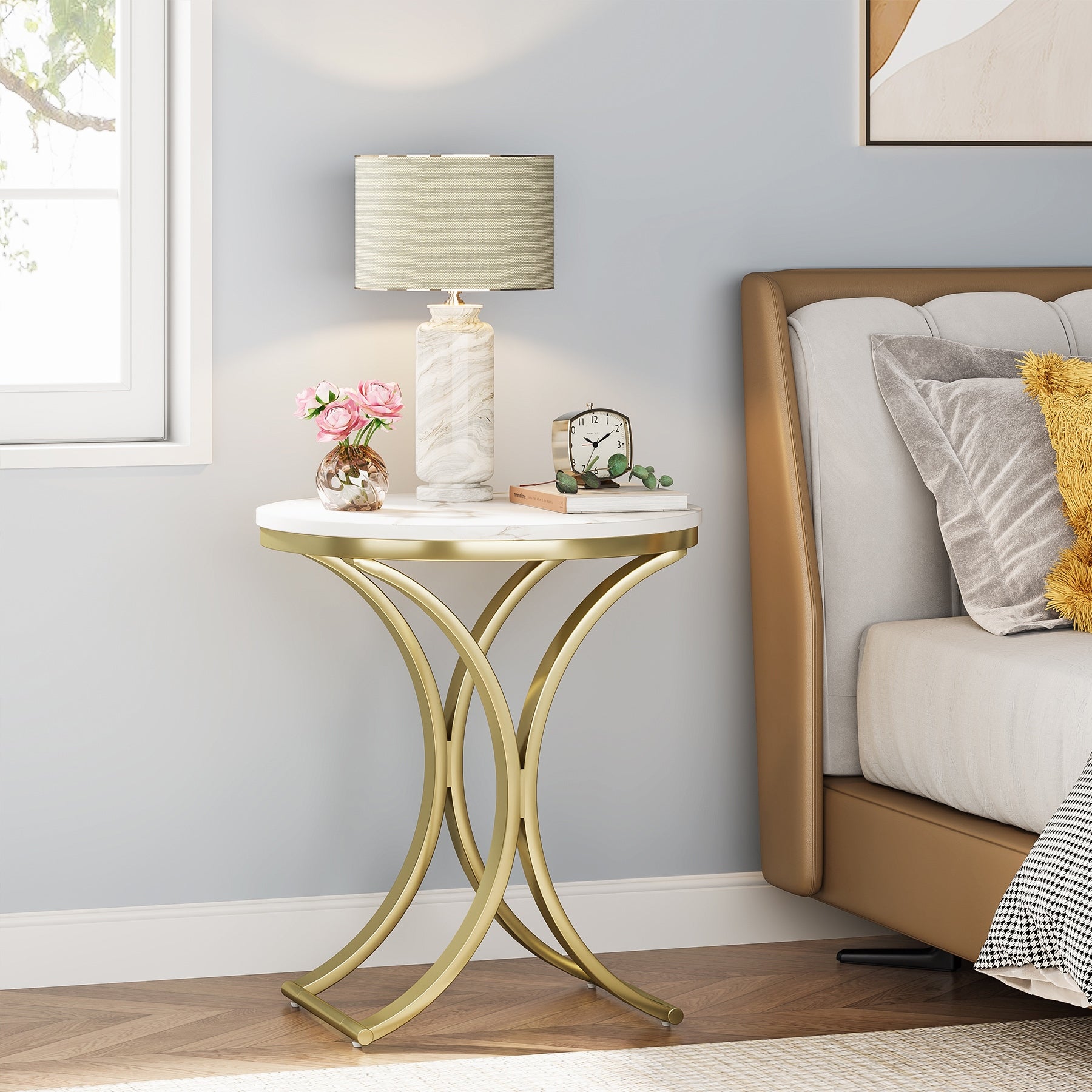 Small Modern Round Side Table End Table Nightstand with Gold Metal Frame and Faux Marble Veneer Engineered Wood for Living Room - Mycitystee