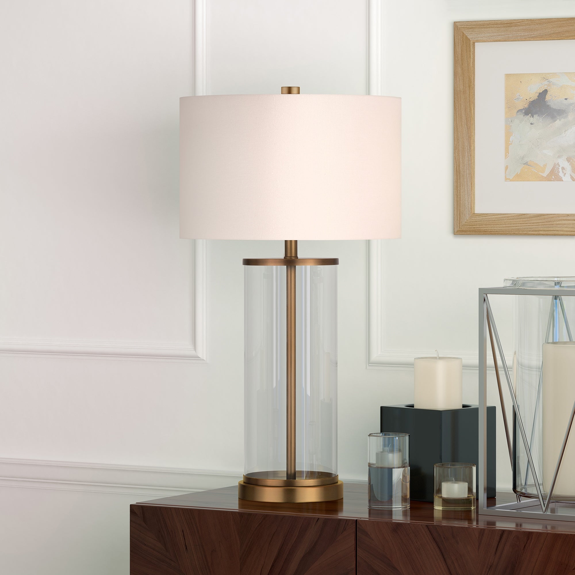 Reeves Cylindrical Clear Glass and Antique Brass Table Lamp with Linen Shade - Mycitystee