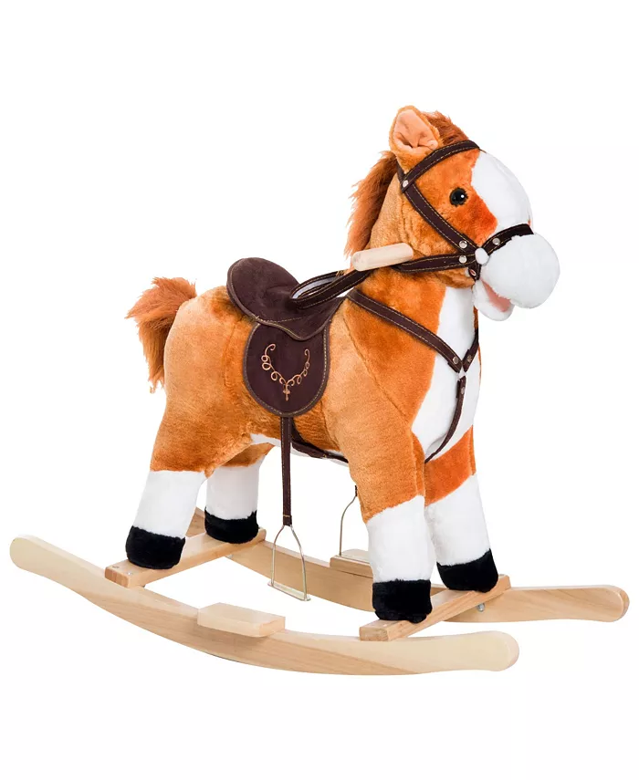 Qaba Kids Rocking Horse Plush Ride on Toy Moving Tail Child Rocker w Sound - Mycitystee