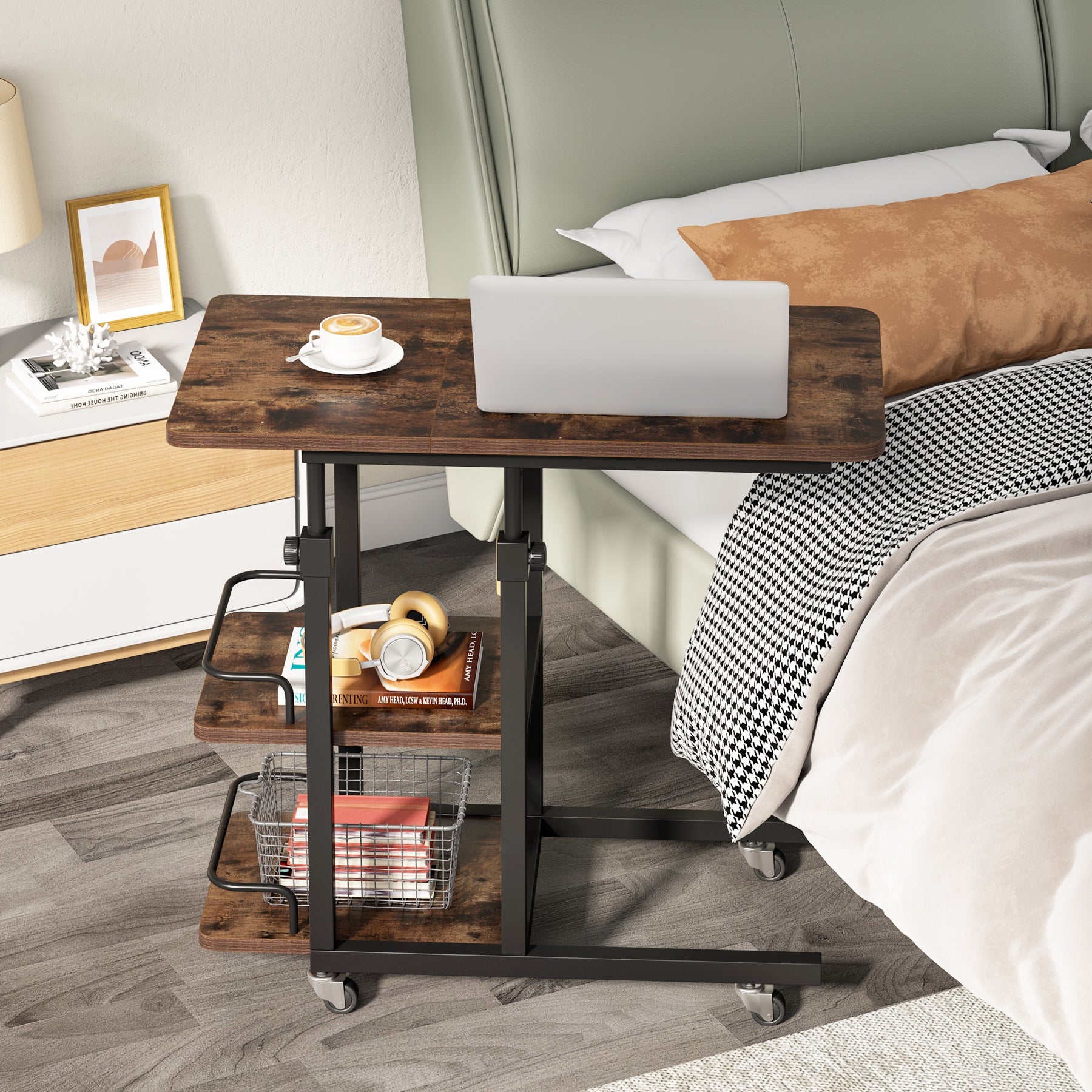 Height Adjustable Couch Side Table Mobile Snack Table Laptop Table for Bedroom， Living Room， Rustic Brown - Mycitystee