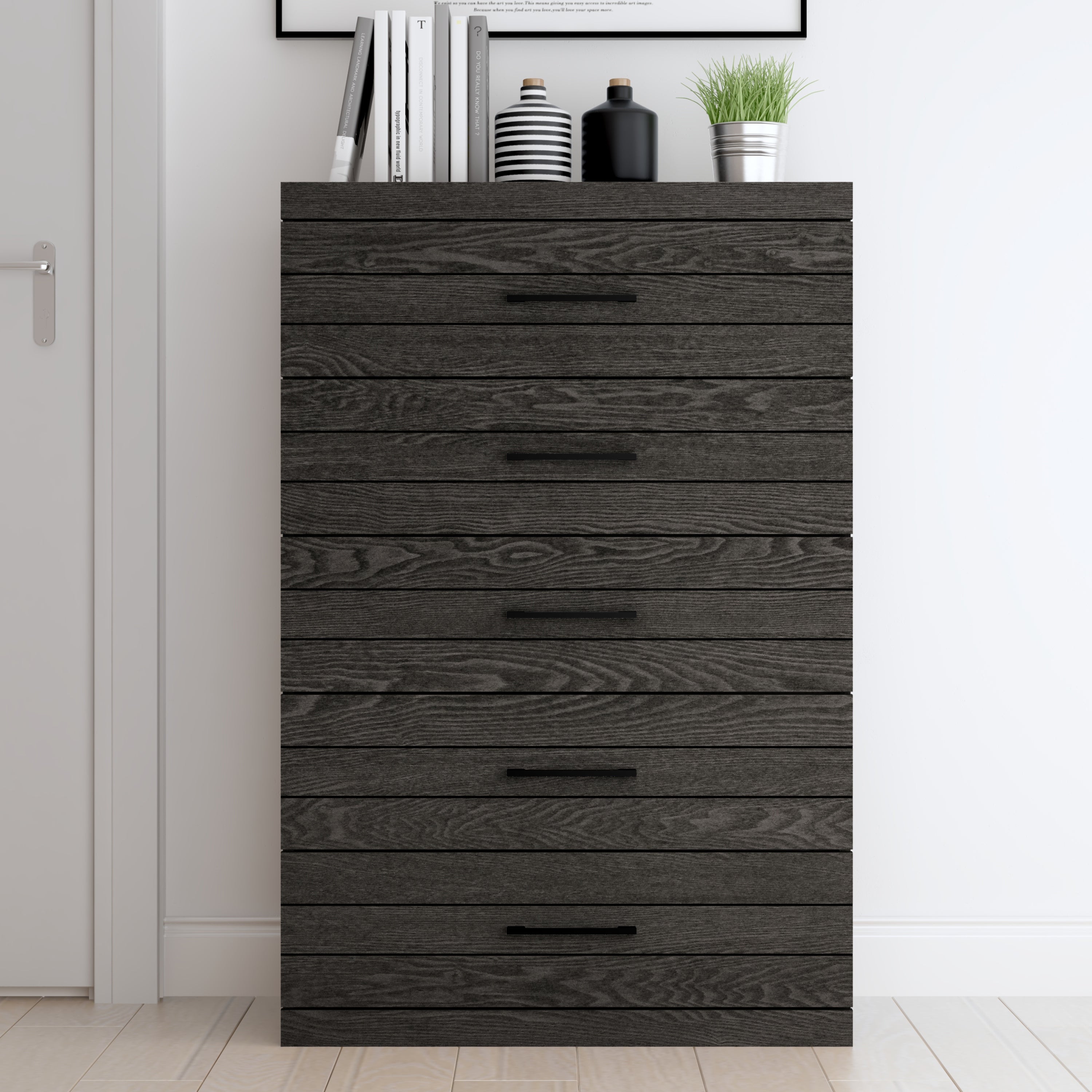 Hamsper 5-Drawer Dark Grey Oak Chest of Drawers (46.4 in. H × 16.1 in. W × 30.7 in. D) - - 37576681 - Mycitystee