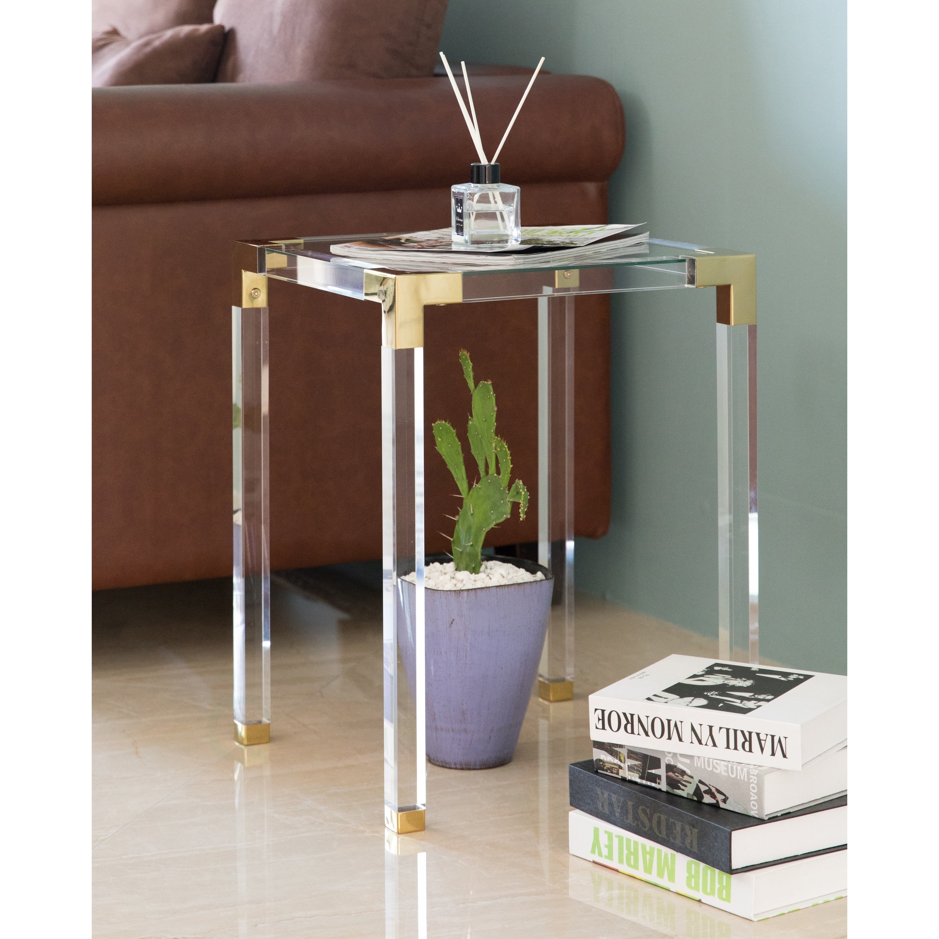 Square Acrylic Gold Metal Modern Tempered Glass End Side Table - Mycitystee