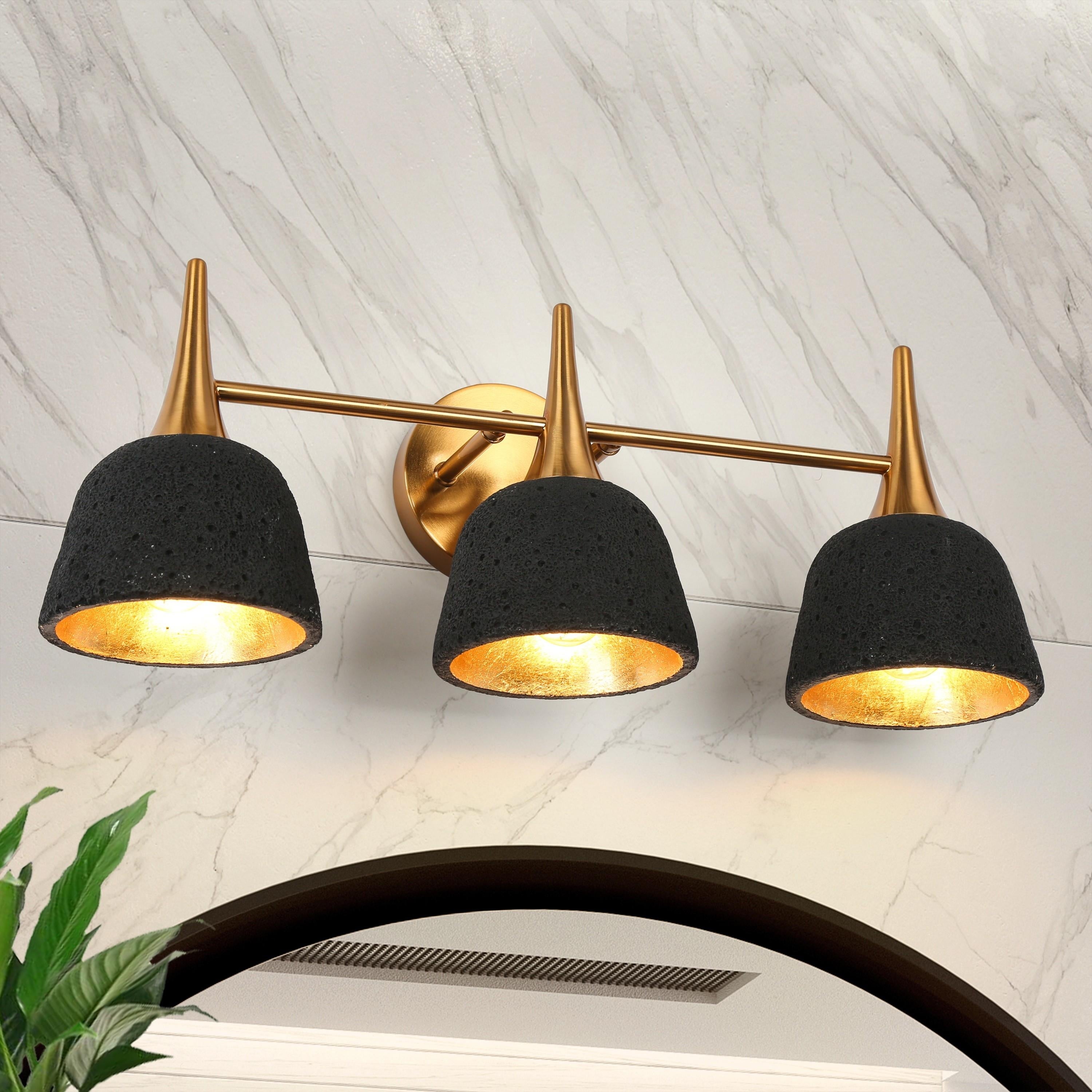 Ampla Modern Farmhouse 3-light Bathroom Vanity Light Black Gold Sonce with Resin Shade - Mycitystee