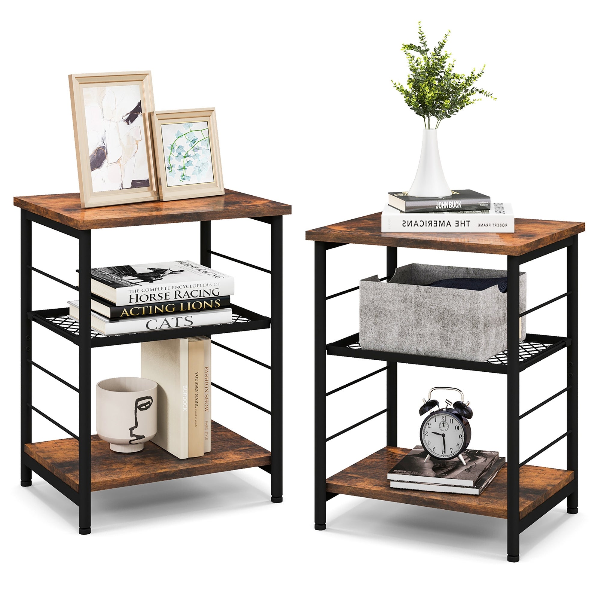 Costway 2 PCS 3-Tier Side End Table with Adjustable Mesh Shelf Narrow - 15'' x 12'' x 20'' (Lx Wx H) - Mycitystee