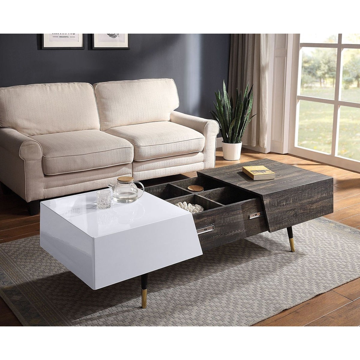 Mid-Century Coffee Table with Inside 4 Compartments， Center Table with Metal Leg for for Living Room， Office - Mycitystee