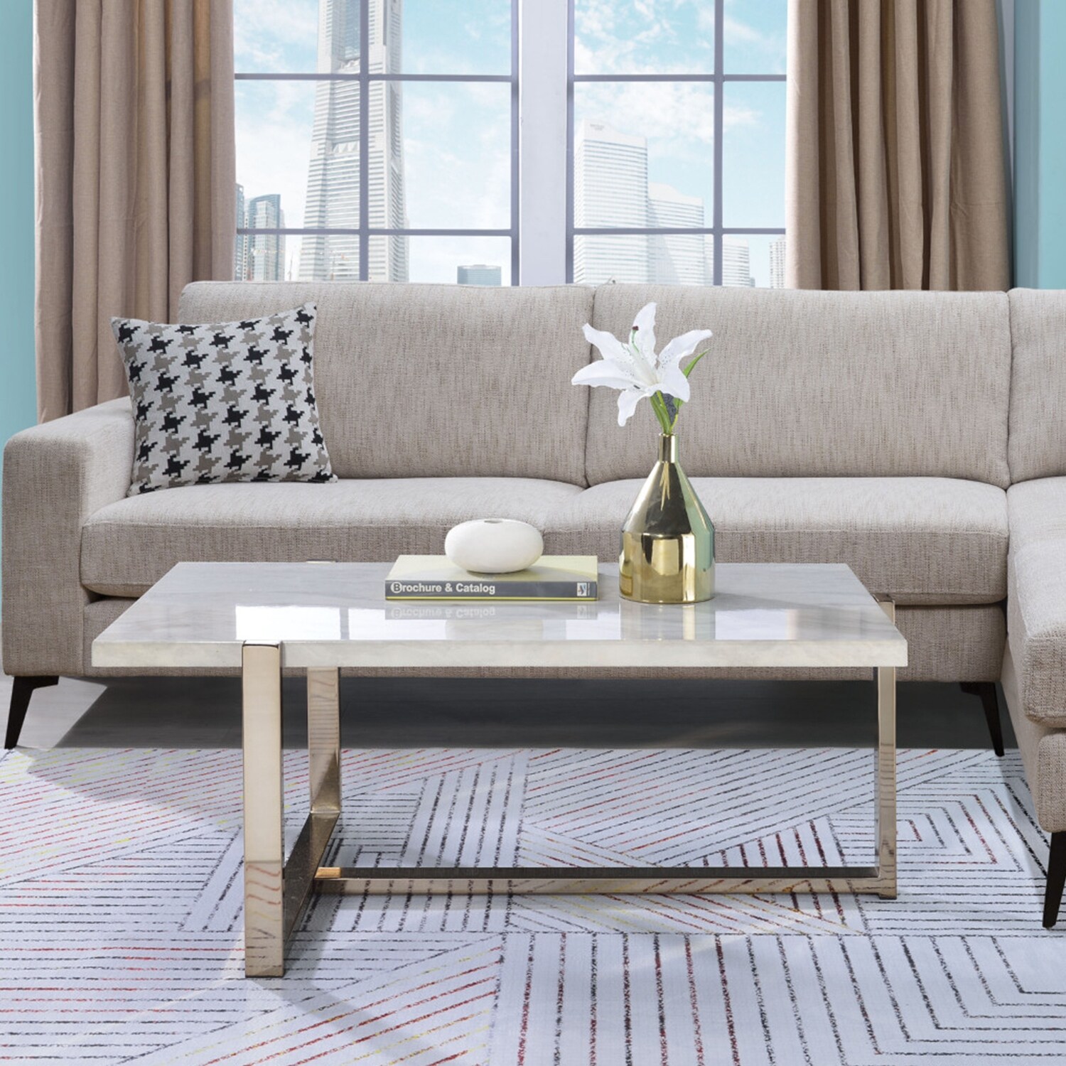 Faux Marble Top Coffee Table with Champagne Gold Base - Mycitystee