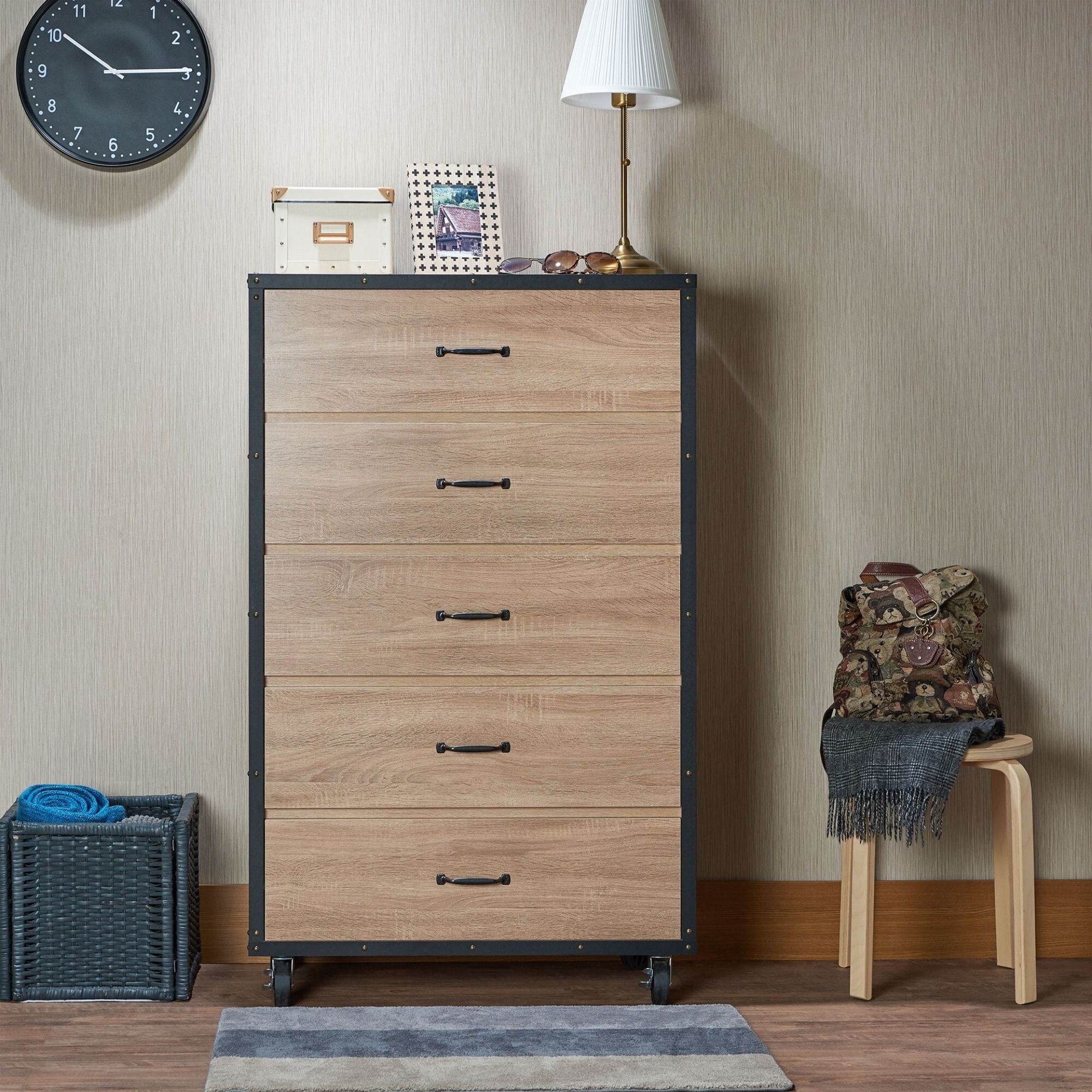 Wood 5 Drawers Chest in Weathered Light Oak - - 35372537 - Mycitystee
