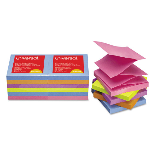 Universal Fan-Folded Self-Stick Pop-Up Note Pads， 3 x 3， Assorted Bright， 100-Sheet， 12/PK (35611) - Mycitystee
