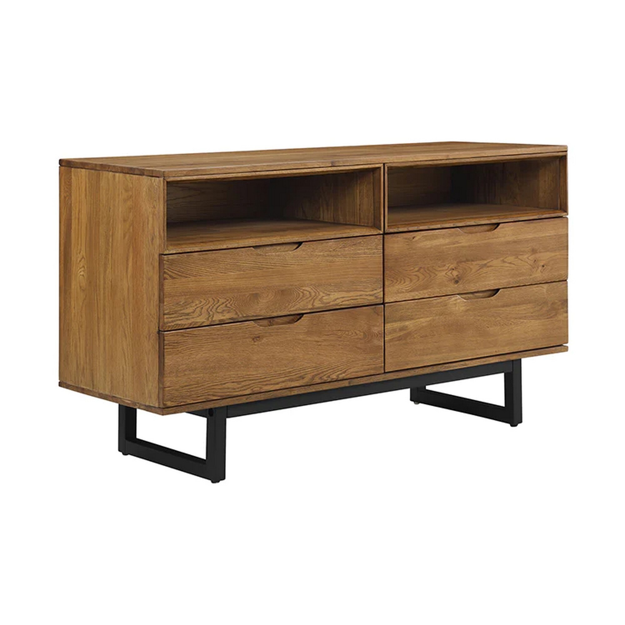 Ryan 59 Inch Dresser with 4 Drawers， Brown Oak Wood， Black Metal Frame - - 37481918 - Mycitystee