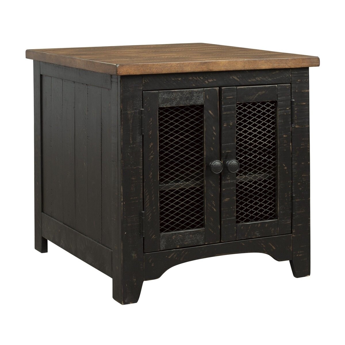 Two Tone Wooden End Table with Metal Grill Cabinet， Brown and Black - 25 H x 24 W x 26 L Inches - Mycitystee