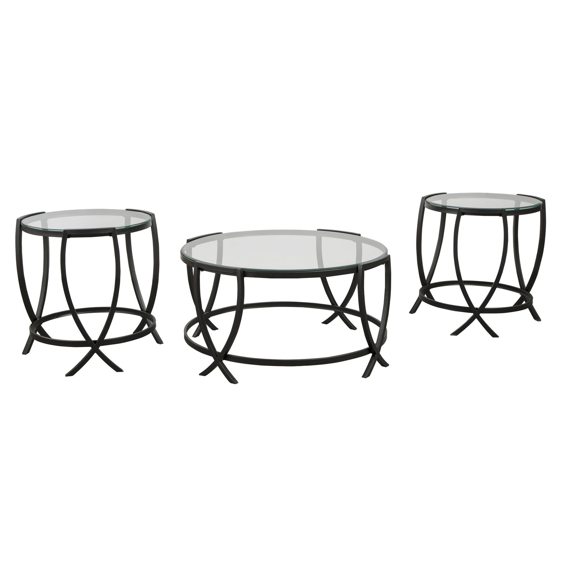 Contemporary Round Table Set with Glass Top and Geometric Metal Body， Black - 3 pieces - Mycitystee