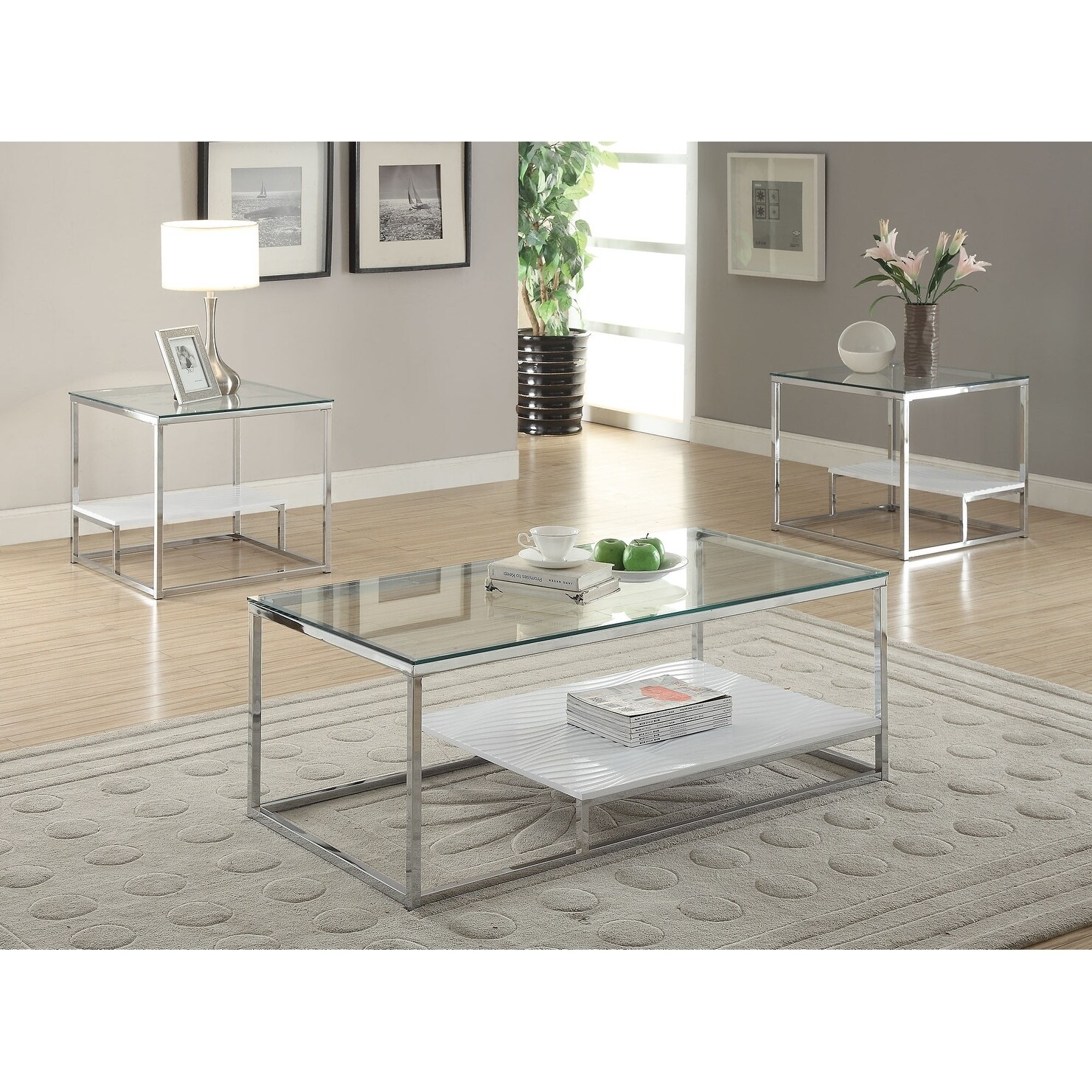 ACME Ruben End Table， Chrome and Clear Glass - Mycitystee