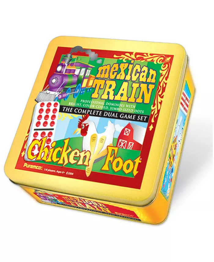 Puremco Mexican Train and Chickenfoot Dominoes - Complete Dual Game Set in a Tin - Mycitystee