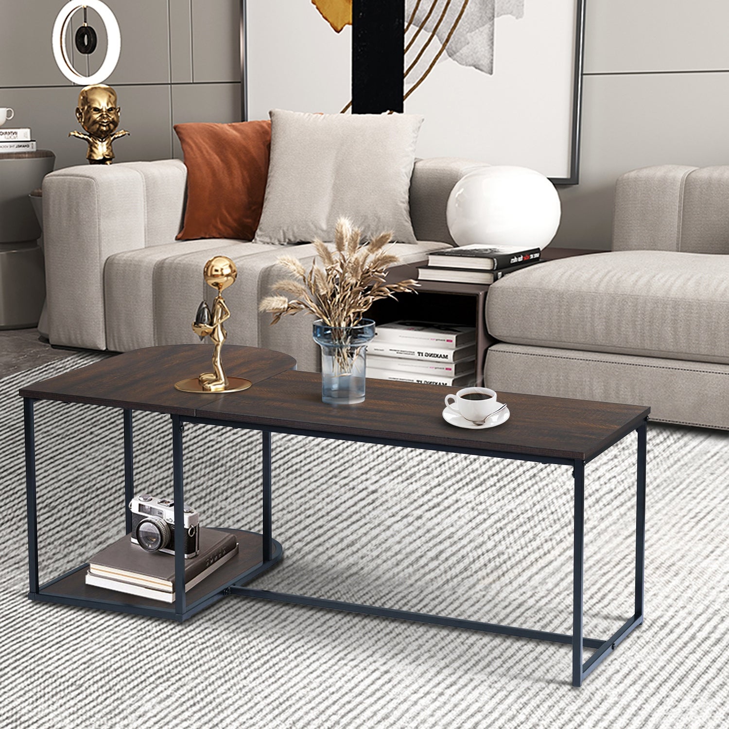 Homylin Upasana 47.2 in. Dark Brown L Shape Manufactured Wood Coffee Table - Mycitystee