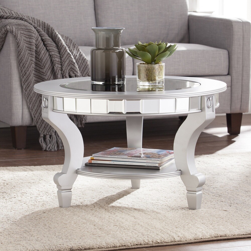 SEI Furniture Olivia Glam Mirrored Round Coffee Table in Matte Silver - Mycitystee