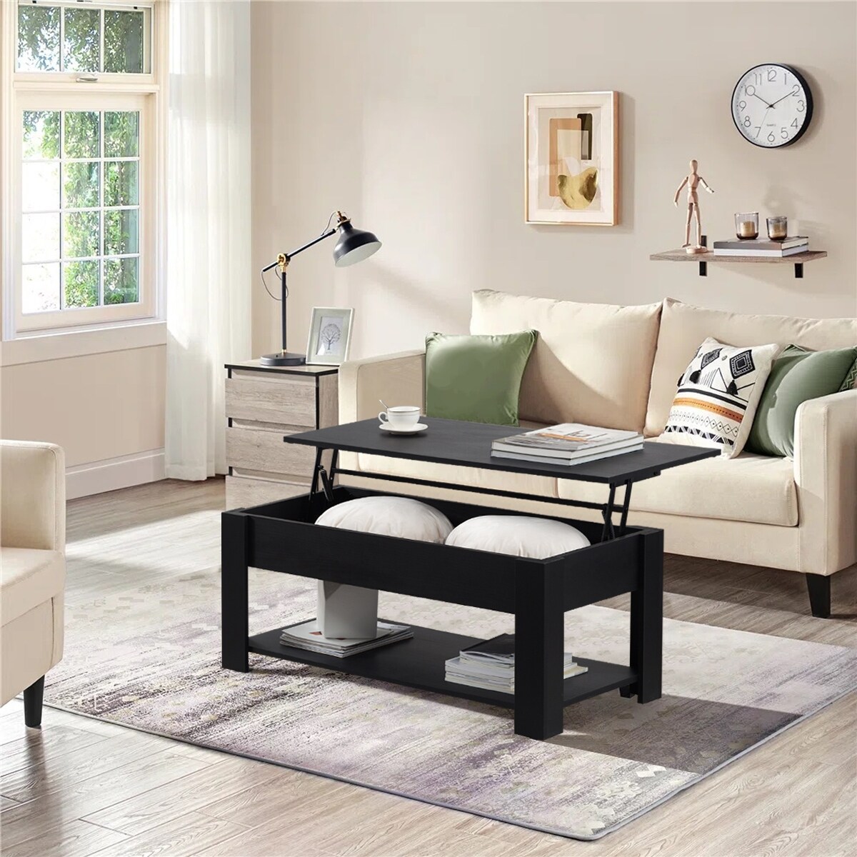 39.4 in. Rectangle Wood Lift Top Extendable Coffee Table with Storage - Mycitystee