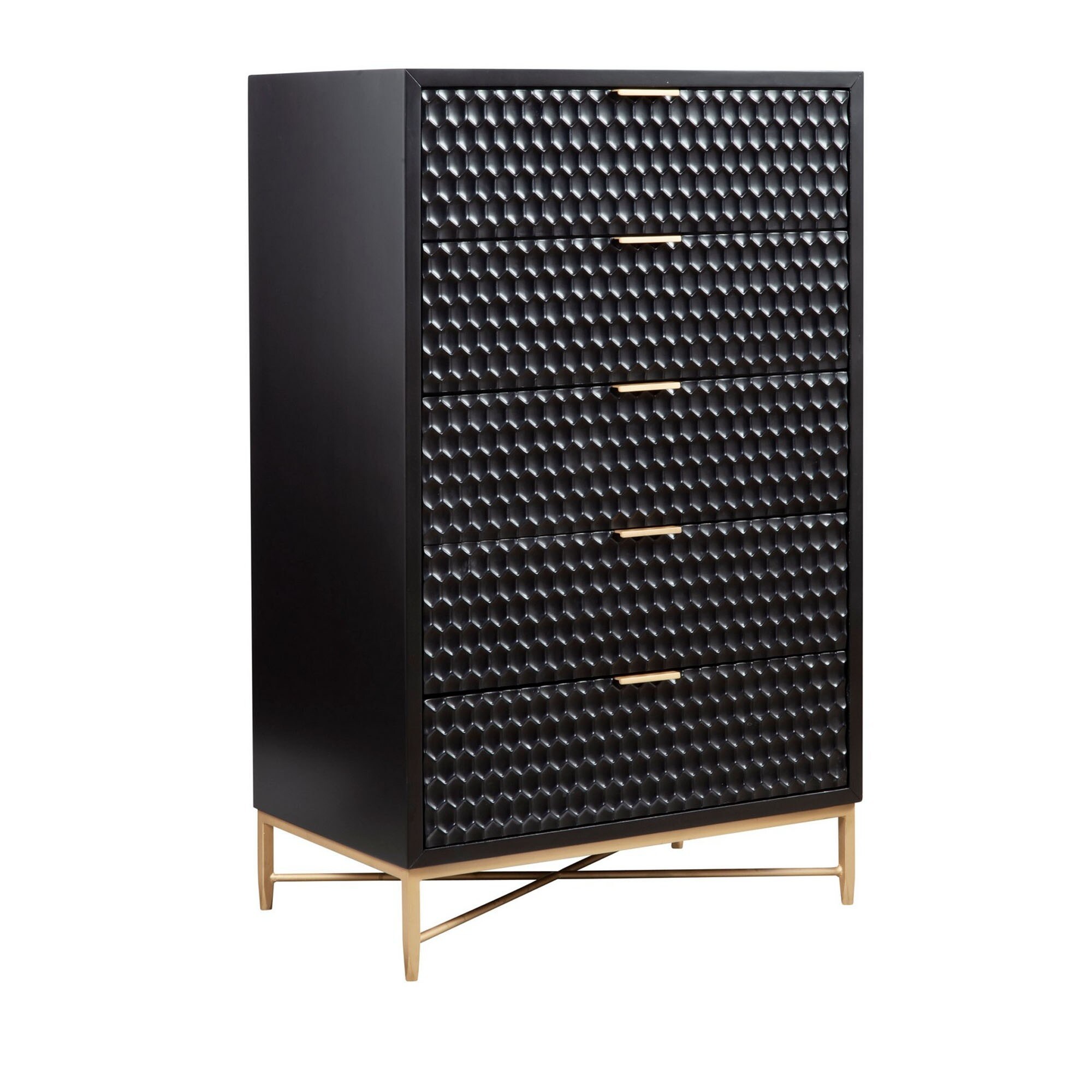 Rexi 48 Inch 5 Drawer Tall Dresser Chest， Honeycomb Panels， Black， Gold - - 36907759 - Mycitystee