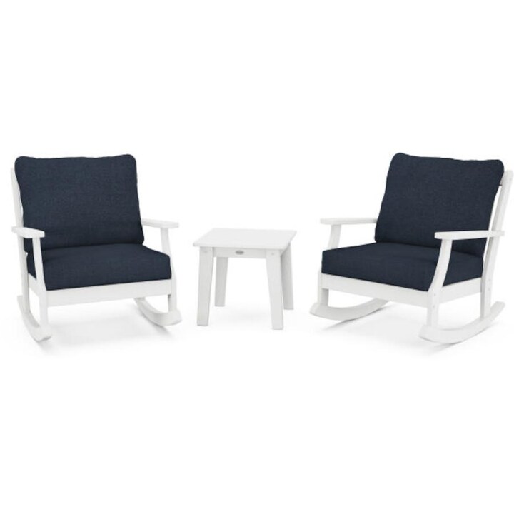 POLYWOOD Braxton 3-Piece Deep Seating Rocker Set in White / Marine Indigo - Mycitystee