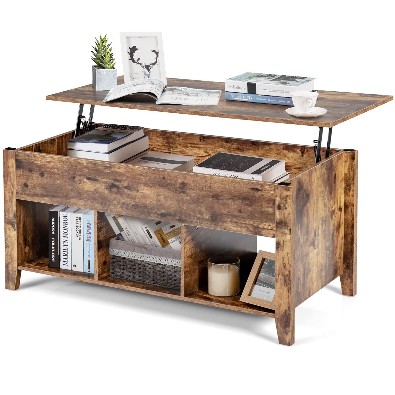 Lift Top Coffee Table， Modern Retro Central Table with Storage Shelf， Multifunctional Accent Table - as picture - Mycitystee