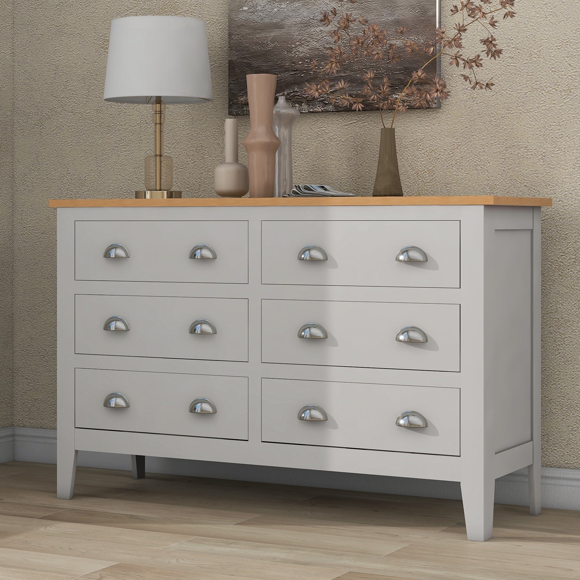 6-Drawer Double Dresser with Oak Top in Grey - - 36757379 - Mycitystee